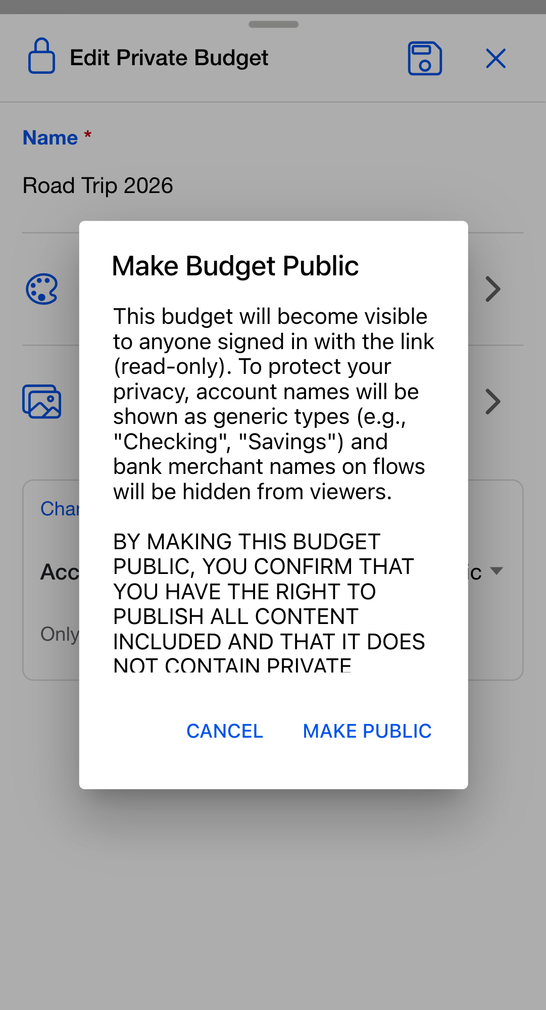 Make Budget Public confirmation alert. Two paragraphs of body text: a privacy summary and an agreement clause. Two buttons at the bottom: Cancel and Make Public.