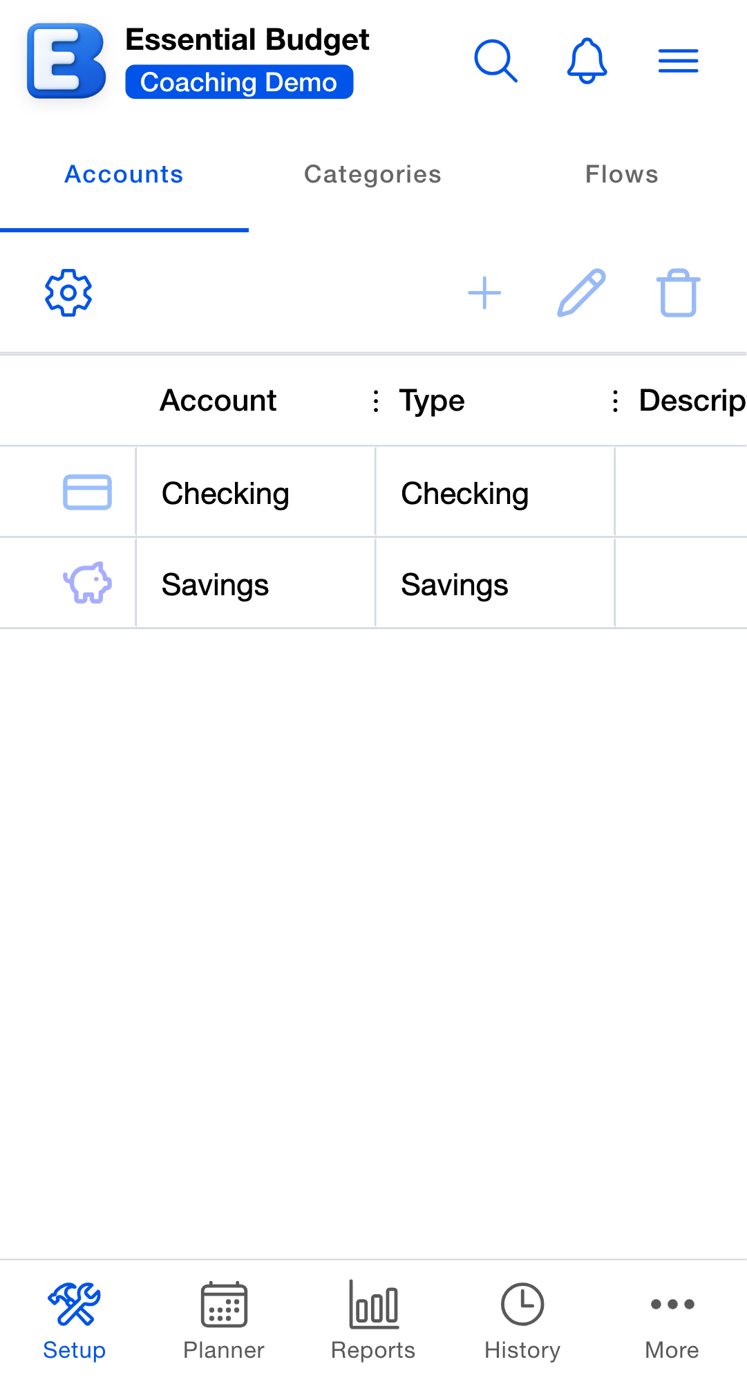 The Accounts list of a public budget as seen by a viewer, with the rows showing the masked names Checking and Savings in place of the owner's typed account names.