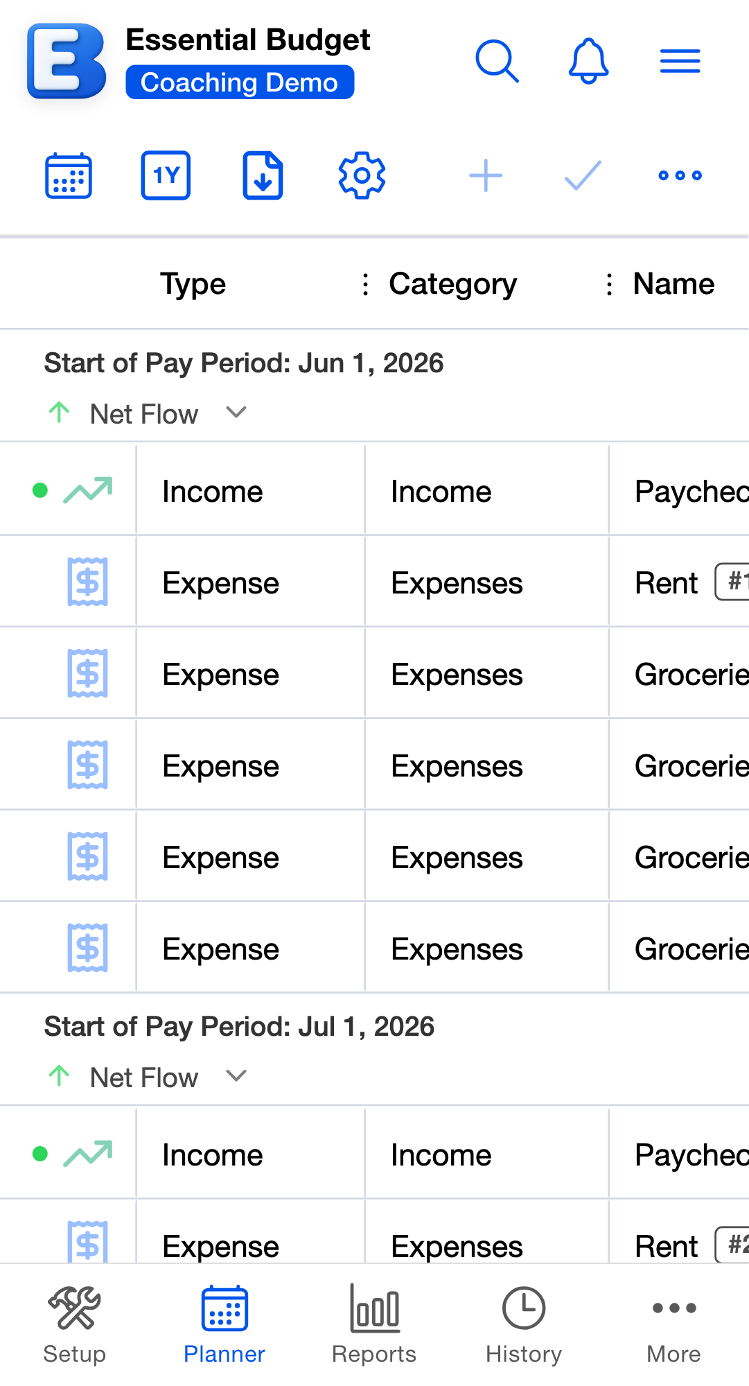 The planner of a public budget as seen by a viewer who added it, with the Paycheck, Rent, and Groceries events listed under their pay periods and the toolbar's editing controls disabled.