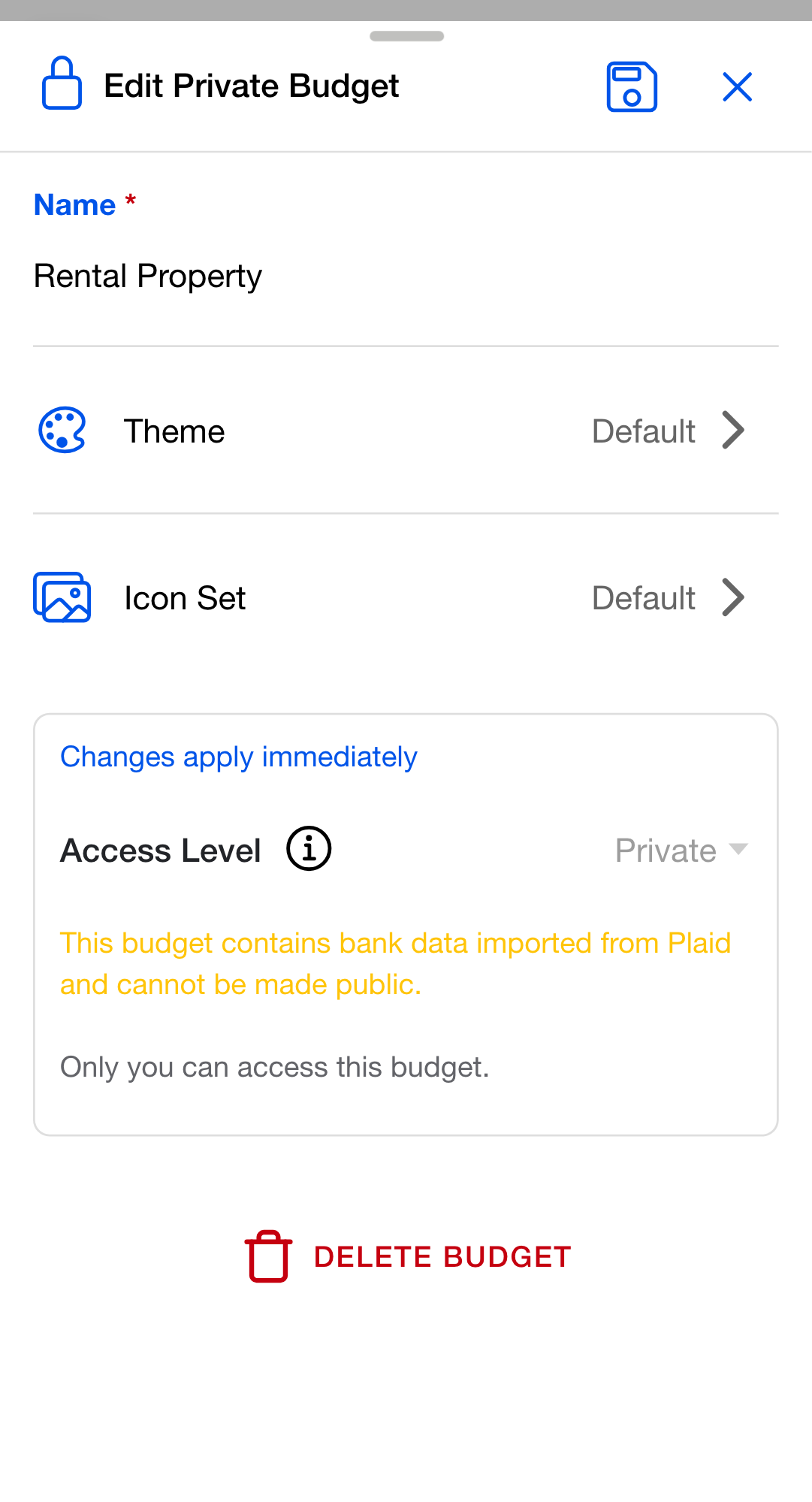 The Edit Private Budget dialog with the Access Level selector greyed out, above a note reading This budget contains bank data imported from Plaid and cannot be made public.