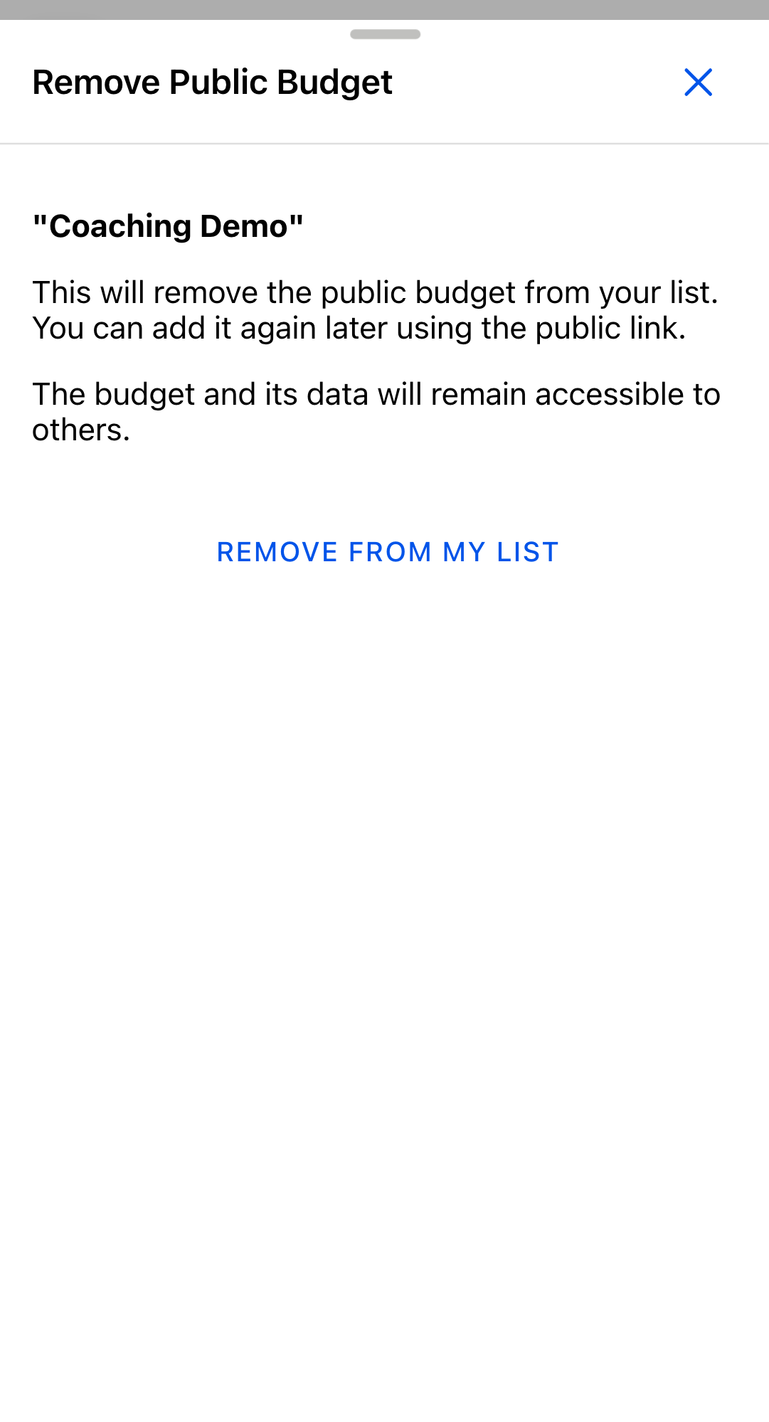 The Remove Public Budget confirmation with its Remove from My List button.