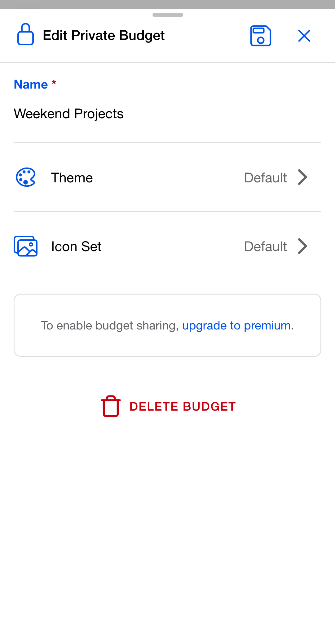 The Edit Budget dialog for an owner without Premium: the sharing card is replaced by the note To enable budget sharing, upgrade to premium.