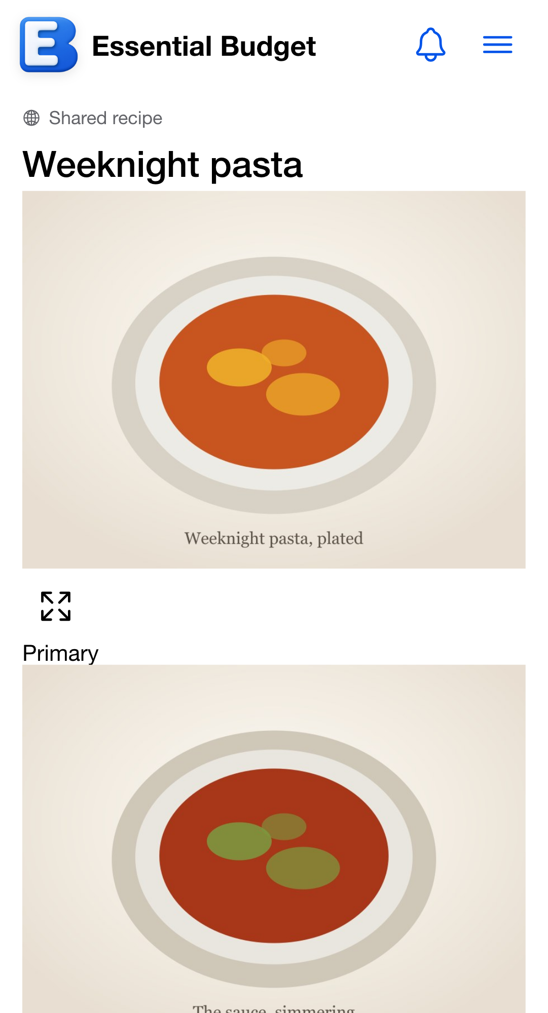 The public page for a shared recipe. A Shared recipe badge at the top, the recipe title, a Serves note, an About amount, an Add to my budget button, then the Ingredients list and an Instructions section. No other prices anywhere.