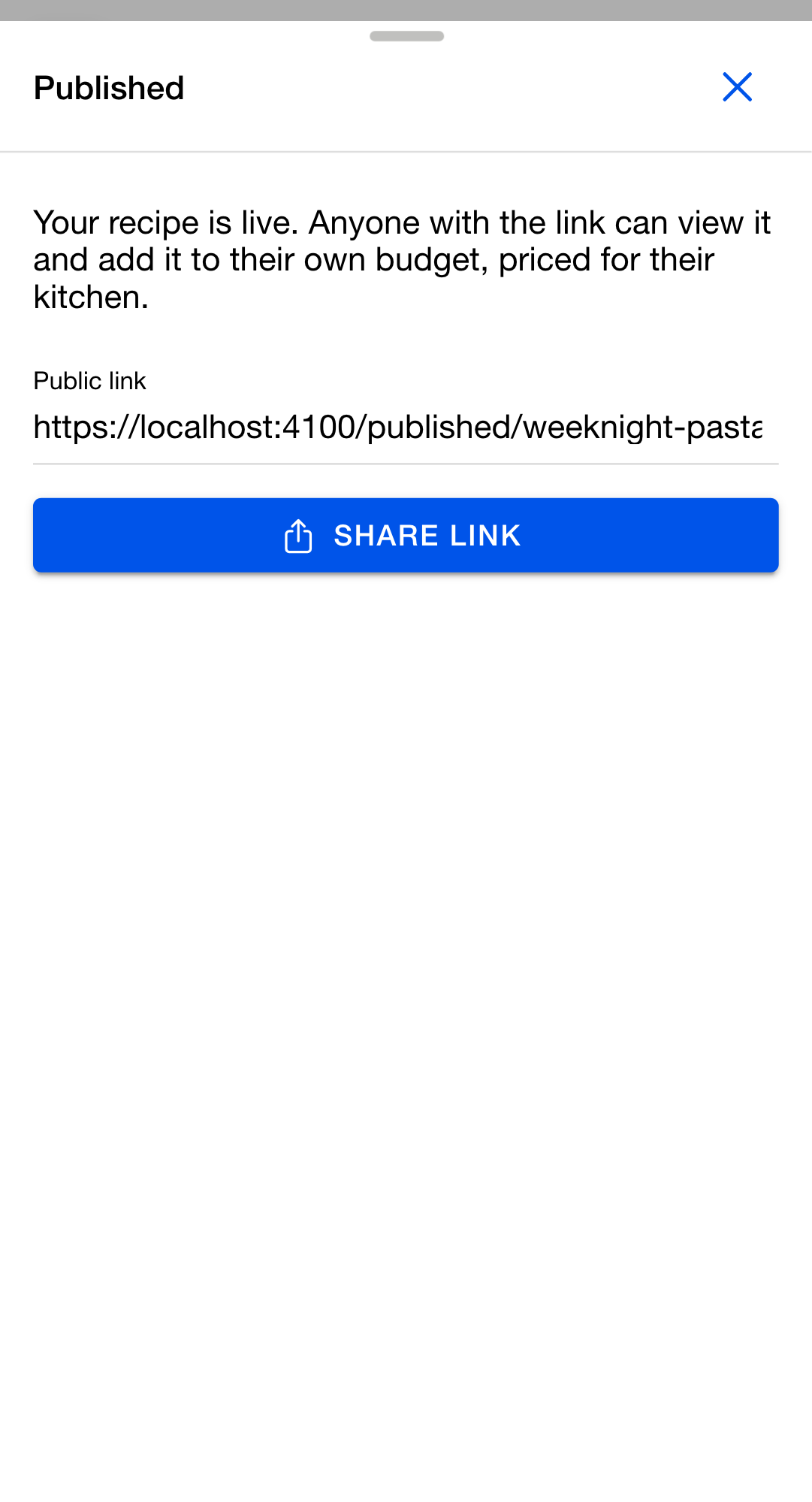 The publish dialog in its Published state. The body says the recipe is live, a read-only Public link field shows the address, and a full-width Share link button sits below it.