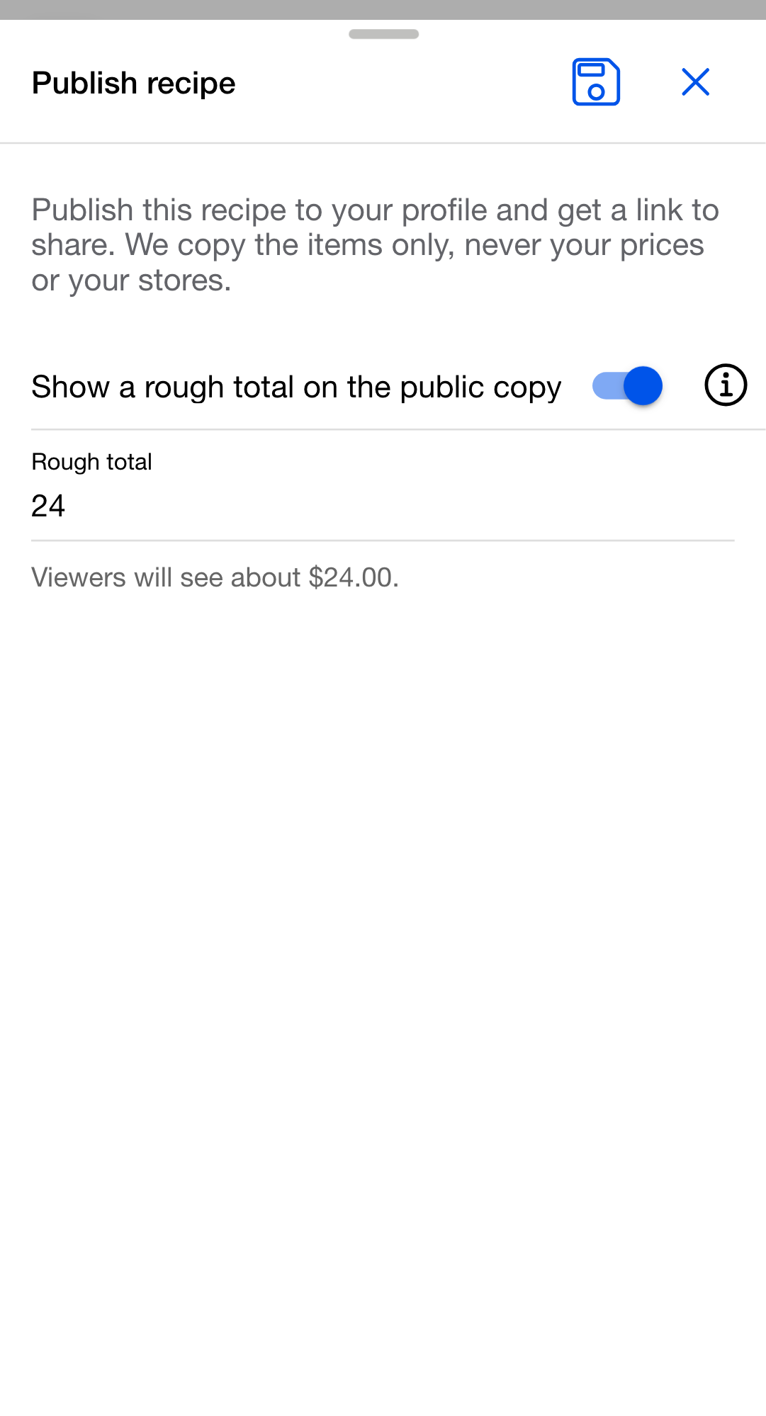 The publish dialog with Show a rough total on the public copy switched on, an amount typed into the Rough total field, and the note underneath confirming what viewers will see.
