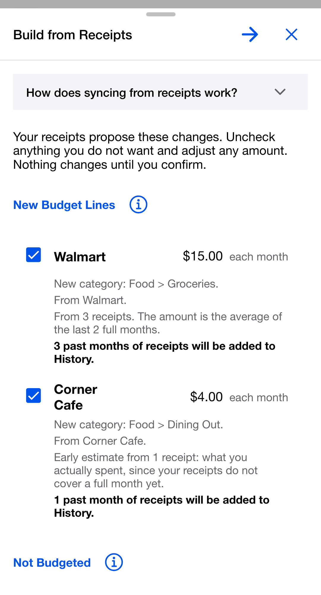 The Build from Receipts review listing proposed budget lines, each with a checkbox, an editable amount, how often it repeats, where it will live, and the receipts behind it.