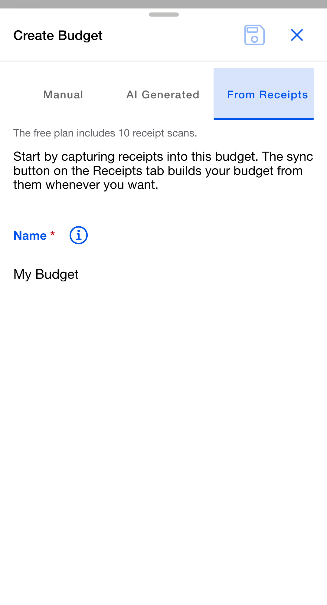 The Create Budget dialog on its From Receipts segment, with the Name field prefilled with My Budget and the free-plan caption under the selector.