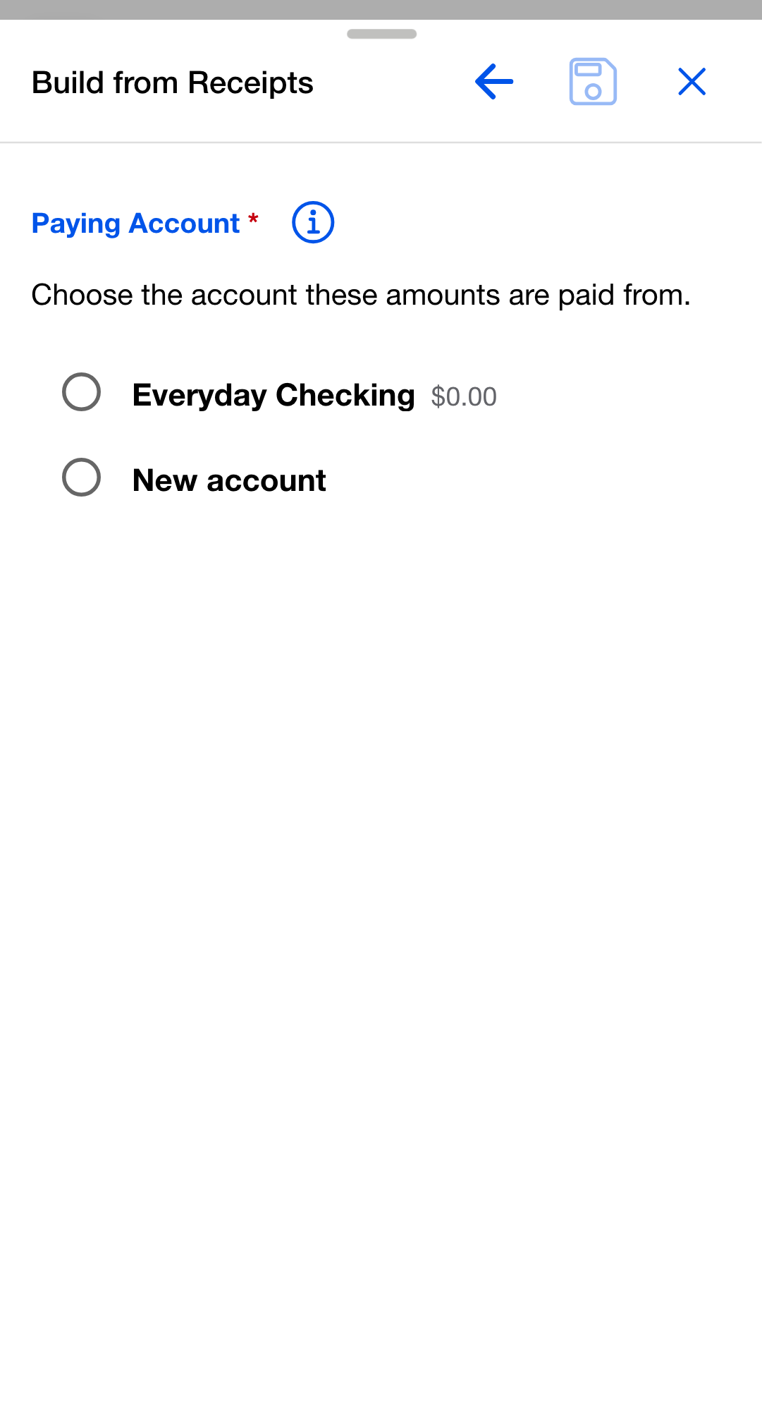 The Paying Account step with existing accounts as radio choices, none preselected, and the New account option.