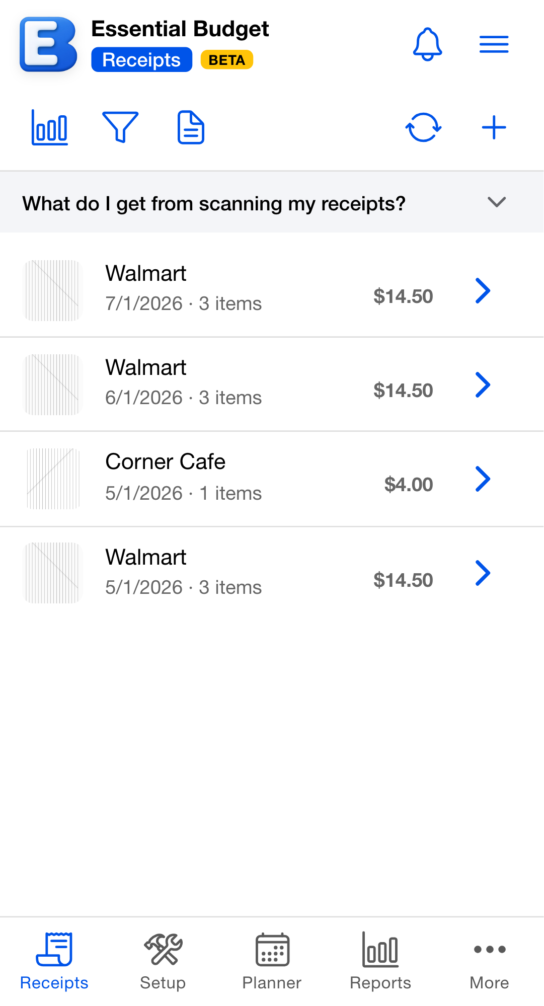 The Receipts tab of a budget created from receipts, with the Sync button pinned in the toolbar beside the Scan button and the receipt list below.