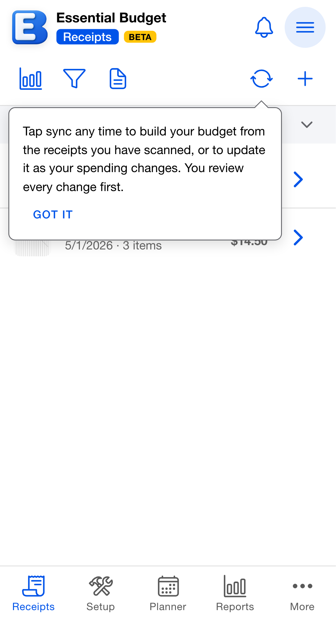 The Receipts tab with the first-run callout pointing at the Sync button in the toolbar.