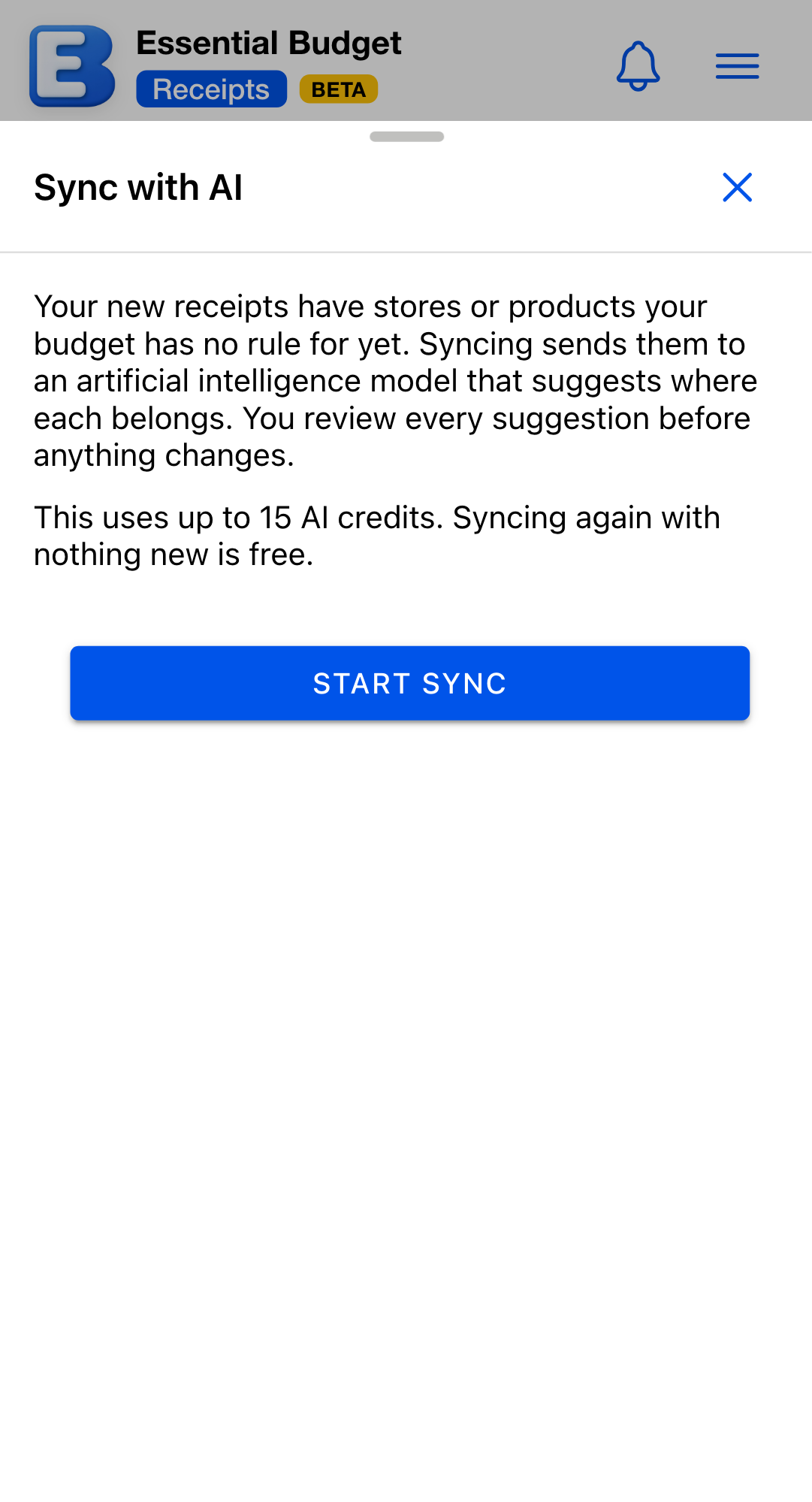 The Sync with AI dialog stating what the sync does and how many AI credits it can use, with a Start Sync button.
