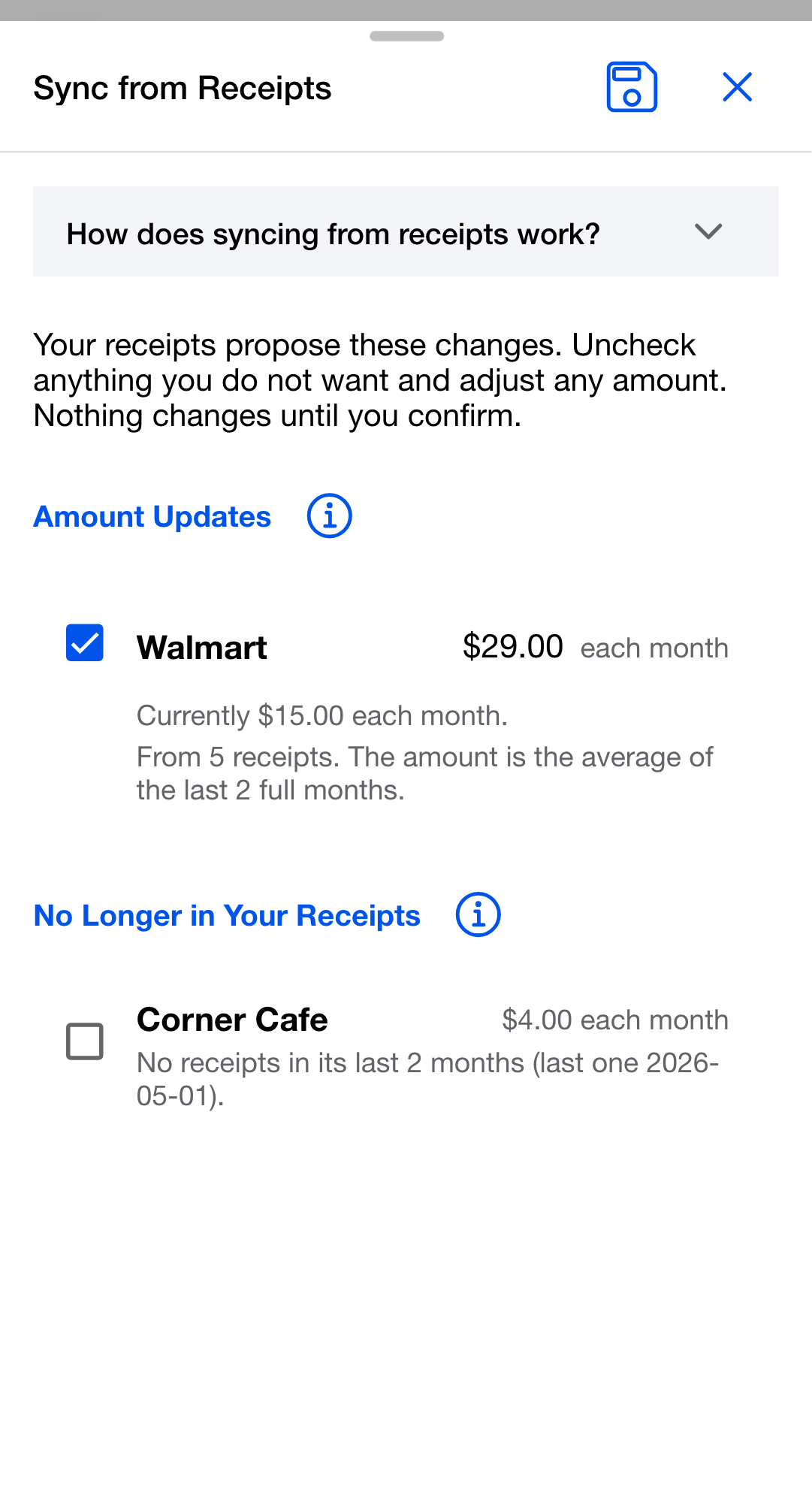 The Sync from Receipts review with an Amount Updates row showing the current amount beside the suggested one, and an unchecked No Longer in Your Receipts row below it.