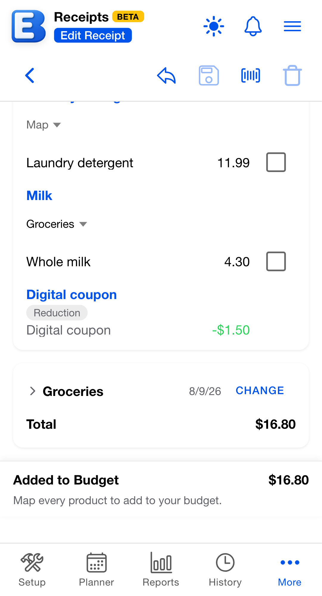 The Receipt Line Items card in edit mode: Map pickers, editable name and price fields, and deductible checkboxes, with a reduction row showing a leading minus and a disabled box.