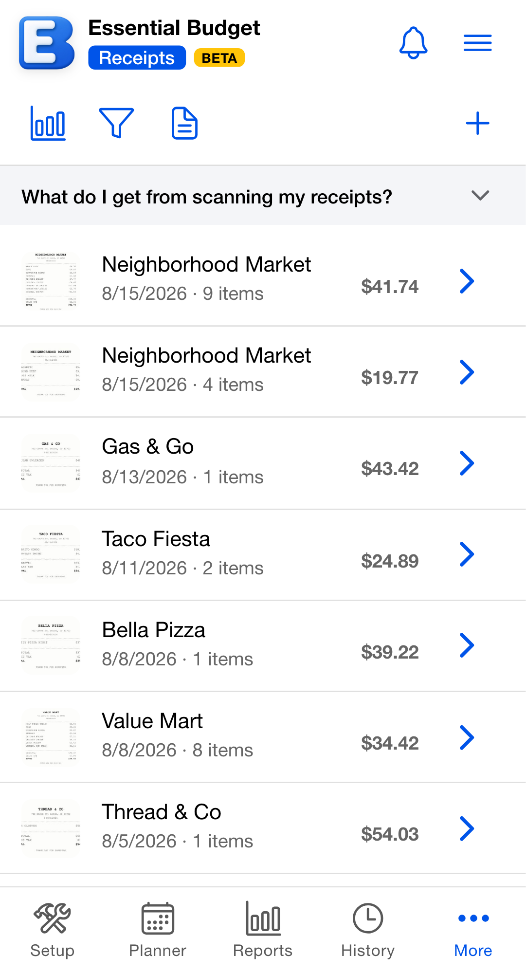 The Receipts tab: scanned receipts with merchant names, dates, item counts, and linking badges, with the + scan button in the toolbar.