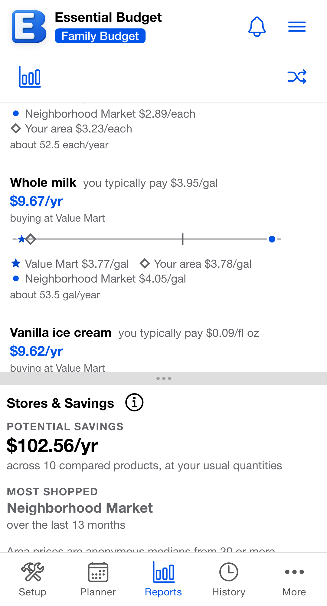 The Stores & Savings report with area prices active. A product row whose price strip shows each store's marker plus the diamond Your area marker, and the note that area prices are anonymous medians from 20 or more shoppers.