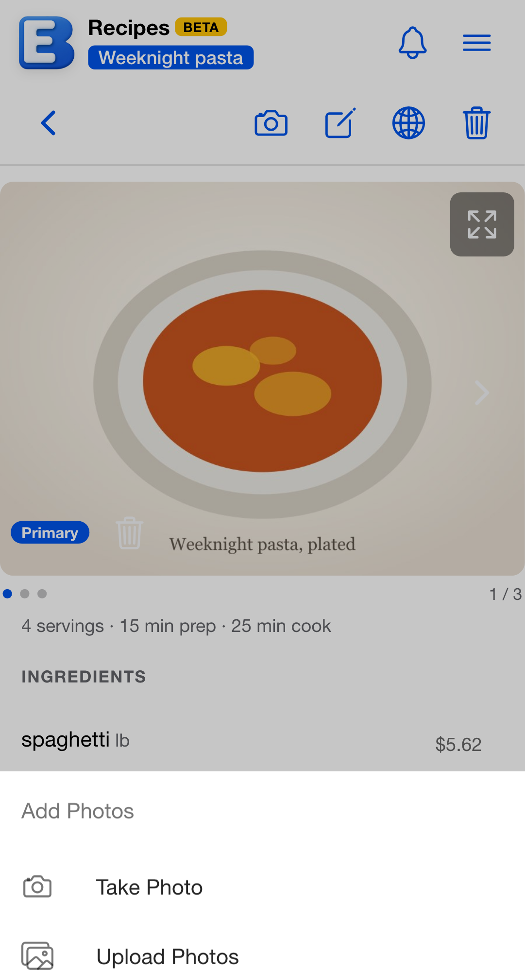 The Add Photos drawer open over a recipe, listing Take Photo and Upload Photos.