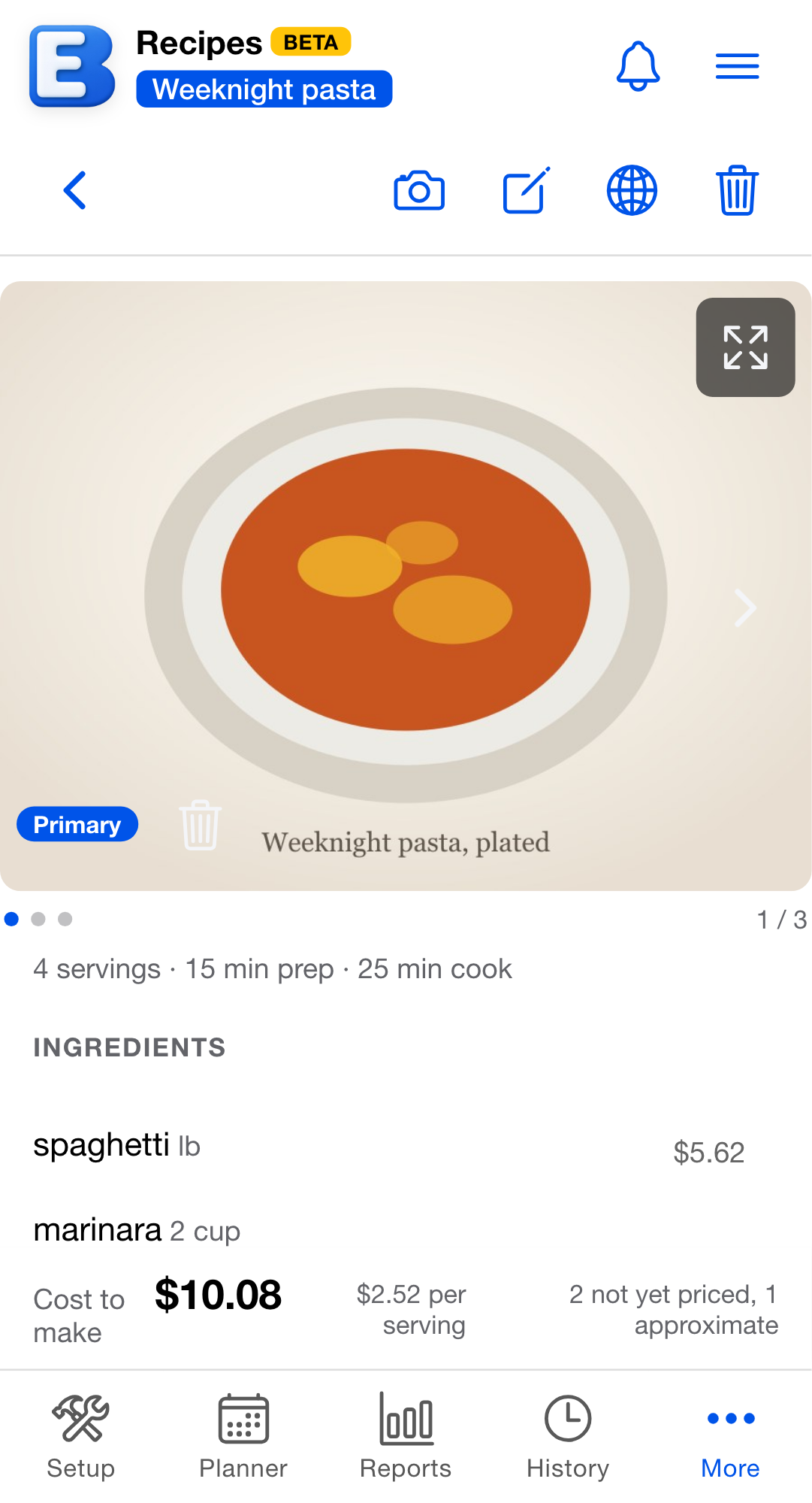 An open recipe with a photo of the finished dish filling the top of the screen. The Primary badge sits over the corner of the image, with arrow controls at the sides, dots and a counter beneath, and the ingredients list starting below the gallery.