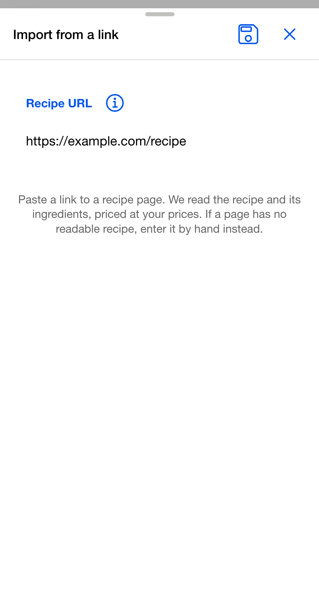 Import from a link dialog with a recipe URL entered and guidance below the field.