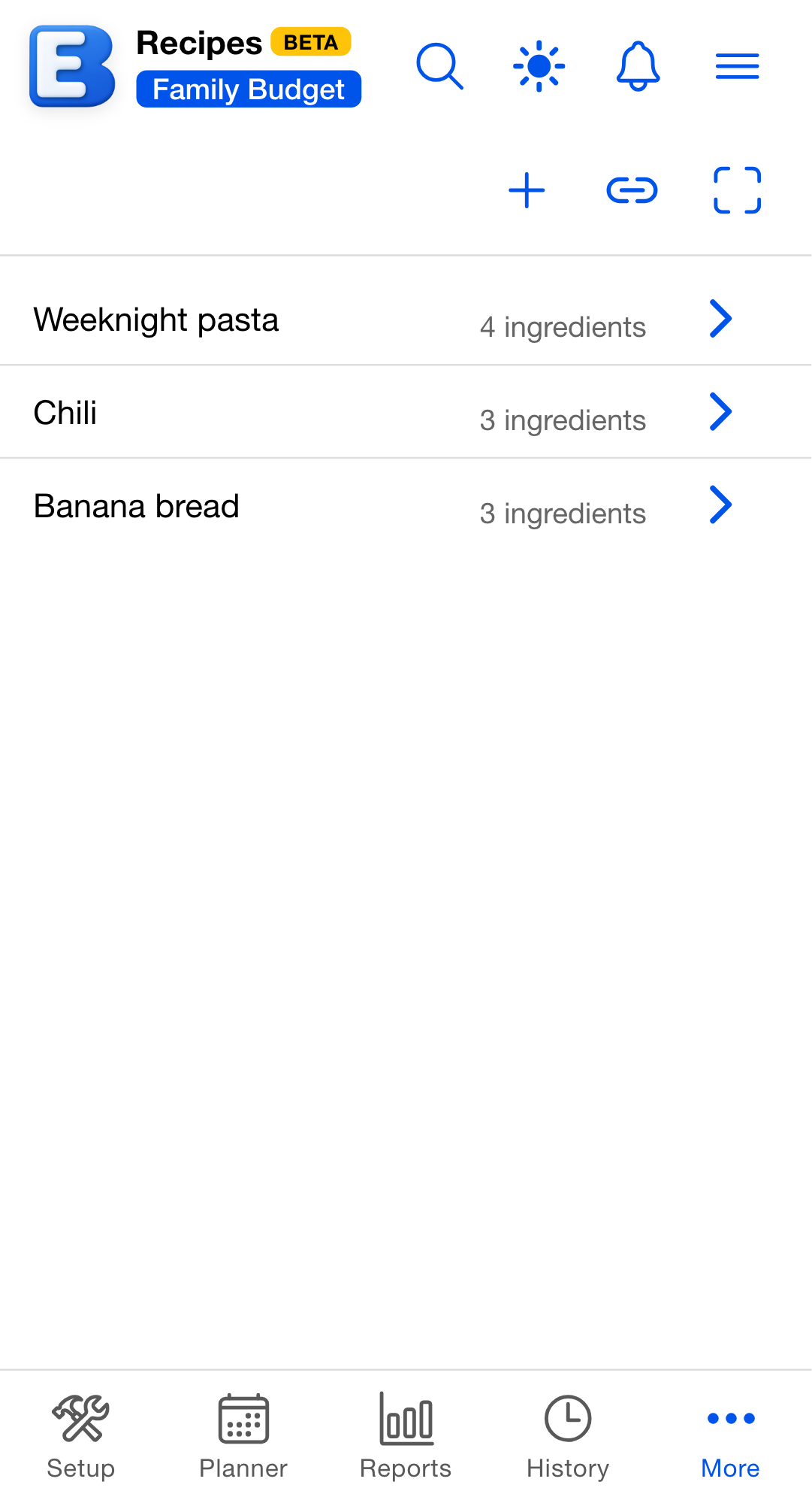 Recipes screen listing Weeknight pasta, Chili, and Banana bread with their ingredient counts and a chevron each, under toolbar buttons for New recipe, Import from a link, and Scan a recipe.