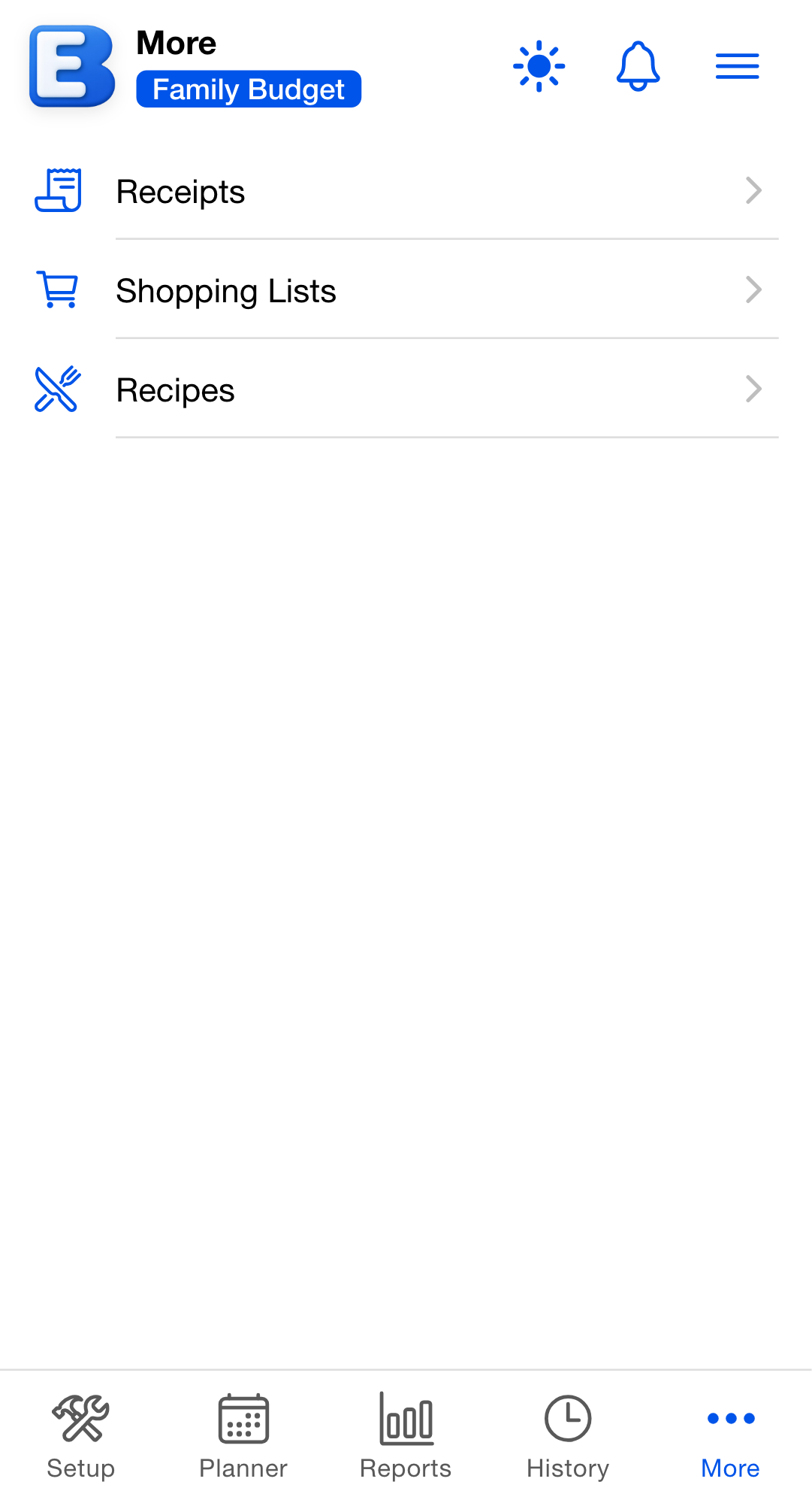 The budget More screen, a plain list of three rows with icons: Receipts, Shopping Lists, Recipes.
