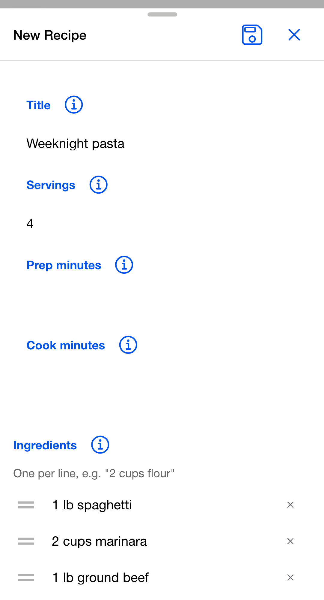 The New Recipe form filled in, with a Title, Servings, and three ingredient lines reading "1 lb spaghetti", "2 cups marinara", and "1 lb ground beef", each with a drag handle and a remove icon.