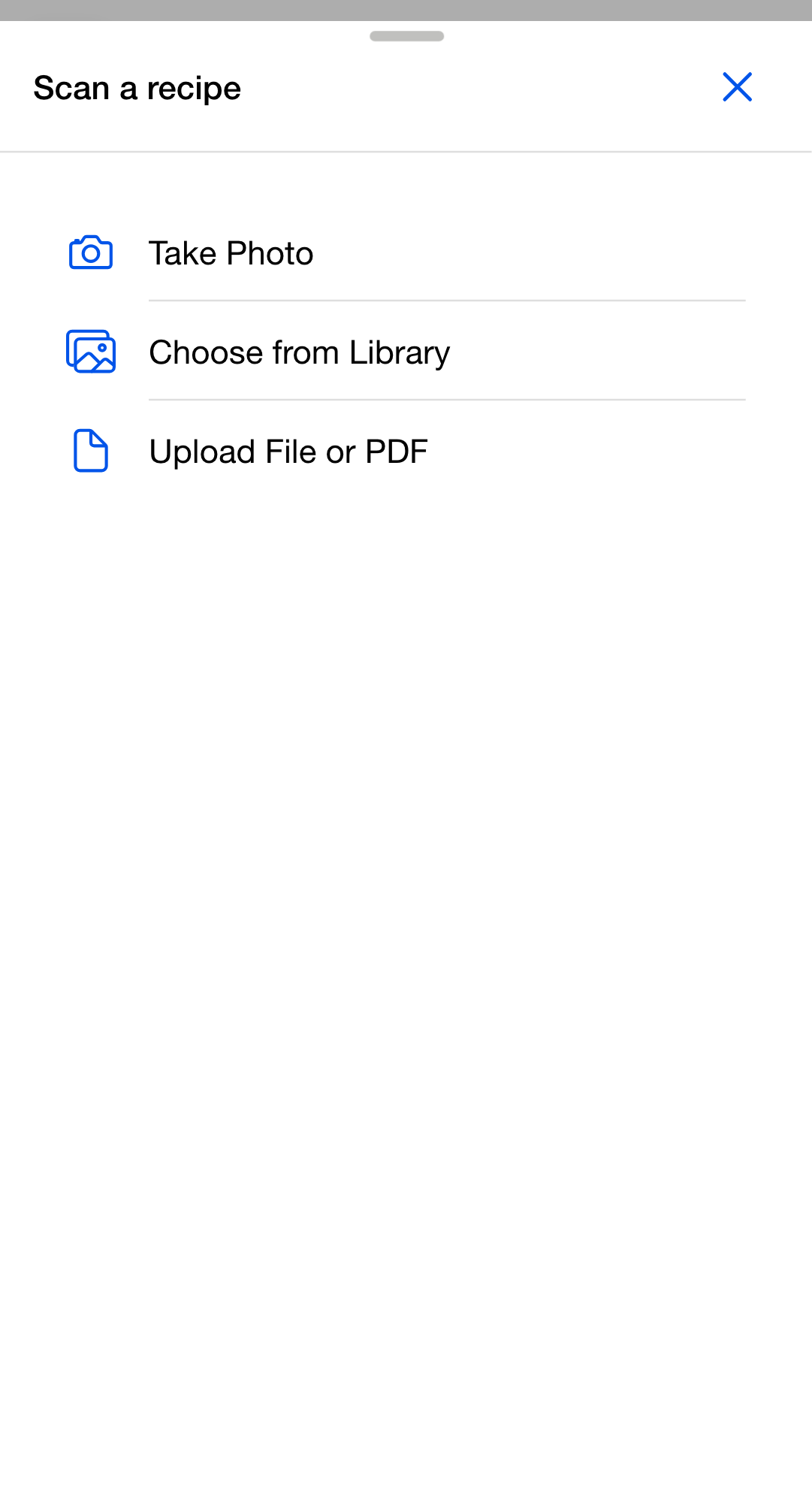 Scan a recipe dialog with camera, photo library, and file upload choices.