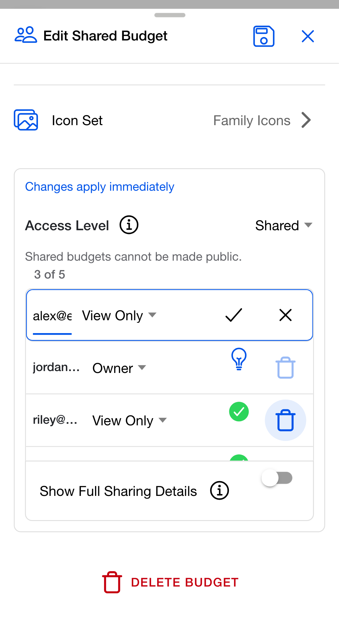 Edit Shared Budget dialog with the add row open at the top of the share list. The email input holds a typed address with the permission dropdown on View Only, and checkmark and X buttons on the right. The existing rows are listed below it.