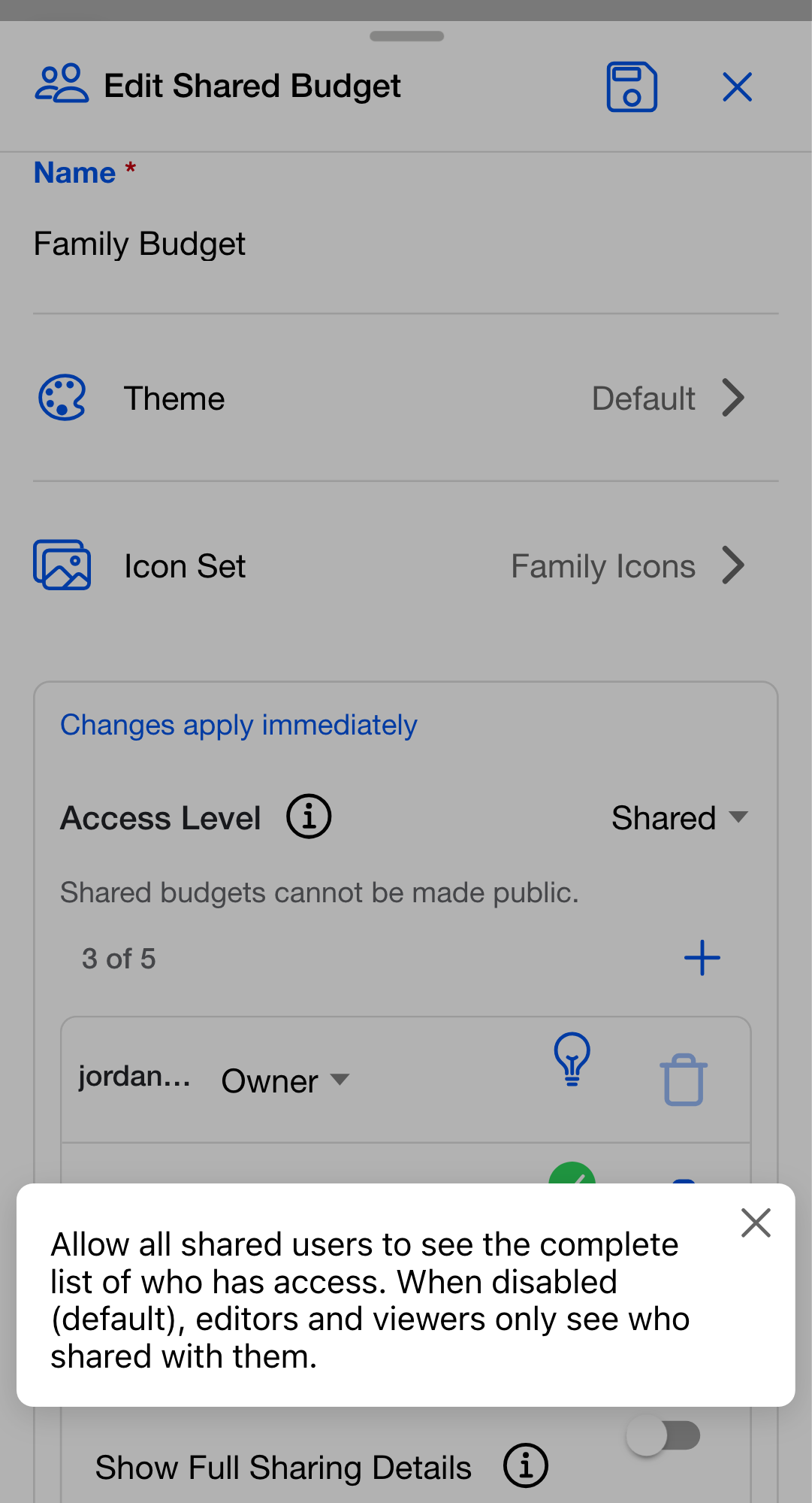 The Show Full Sharing Details toggle with its info popover open, explaining that when disabled only owners see the complete list of who has access.
