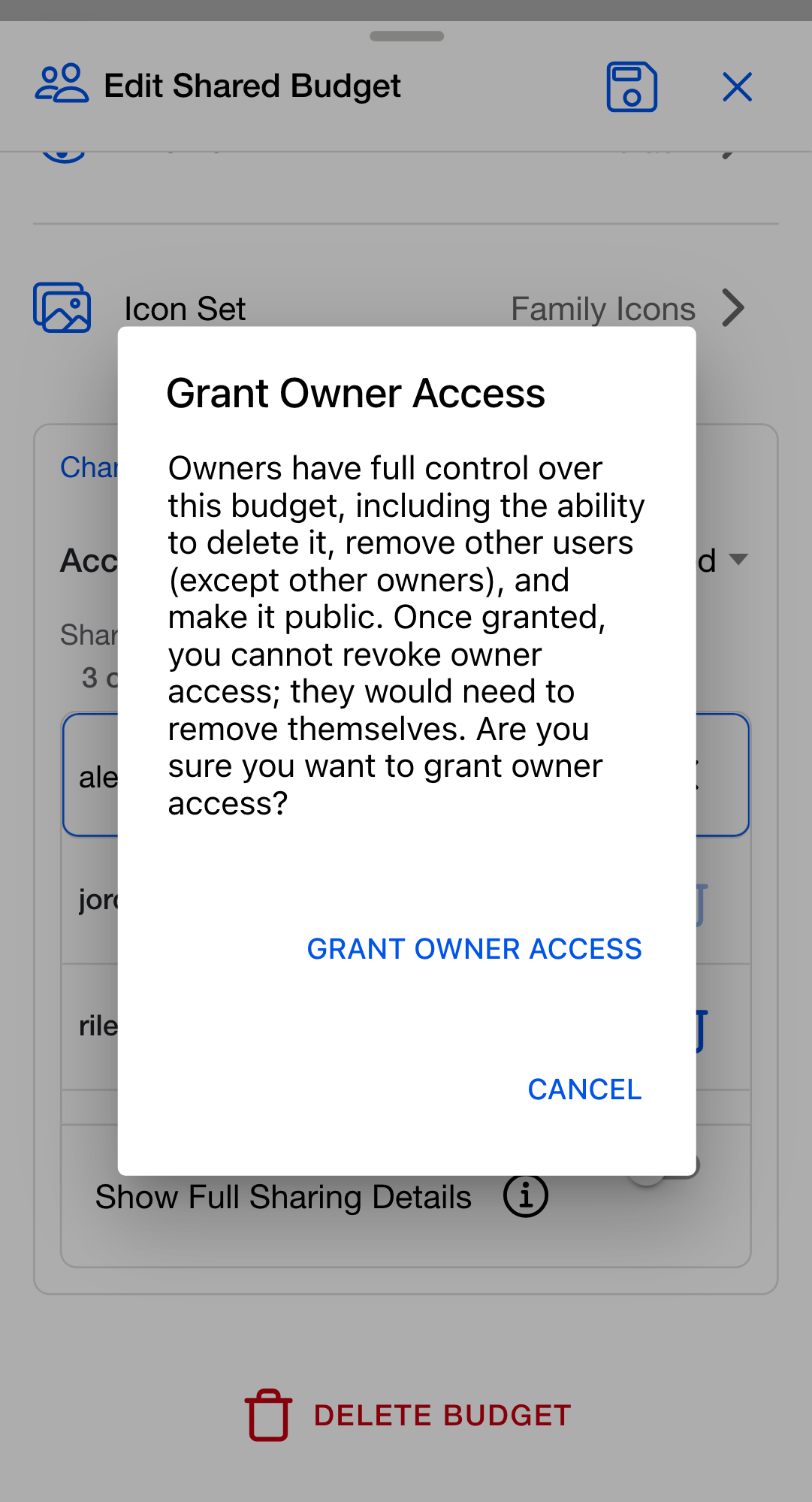 The Grant Owner Access confirmation shown when inviting someone as Owner, explaining owner access cannot be revoked once granted.