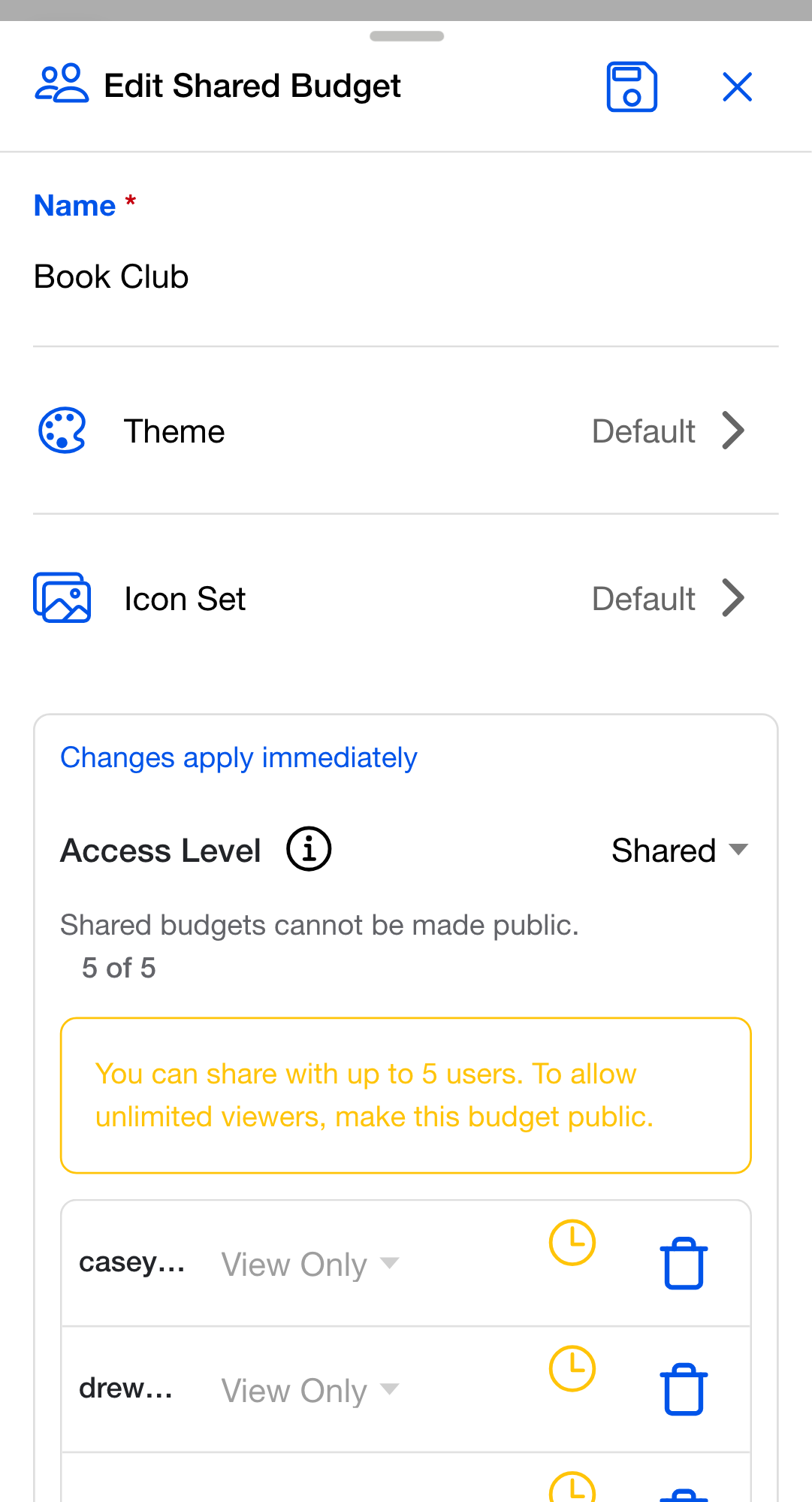 The share list at its limit: the count reads 5 of 5, the add button is gone, and a note explains you can share with up to 5 users and suggests a public budget for unlimited viewers.