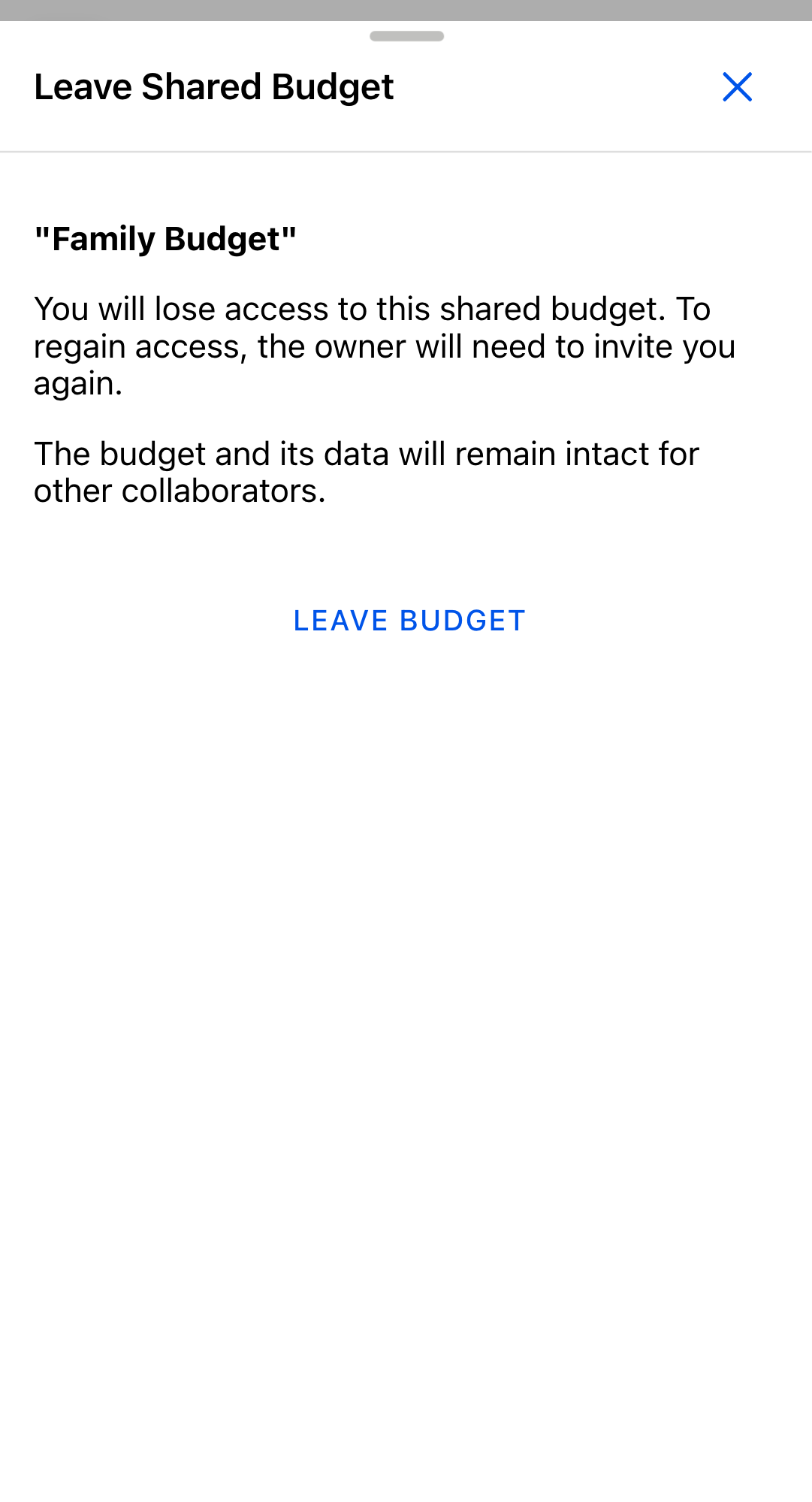 The Leave Shared Budget confirmation dialog for Family Budget, explaining you will lose access and the owner would need to invite you again, with a Leave Budget button at the bottom.