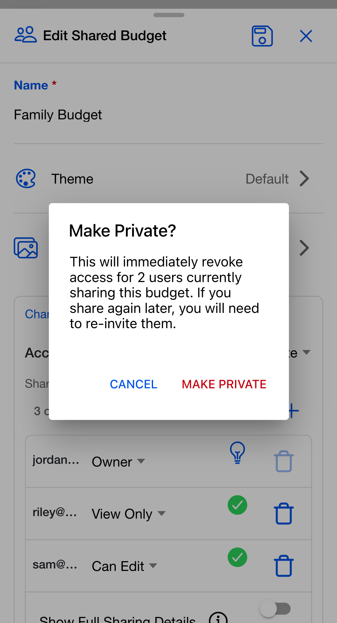 The Make Private? confirmation dialog, warning that access will be revoked for 2 users currently sharing the budget and that sharing again later means re-inviting them.