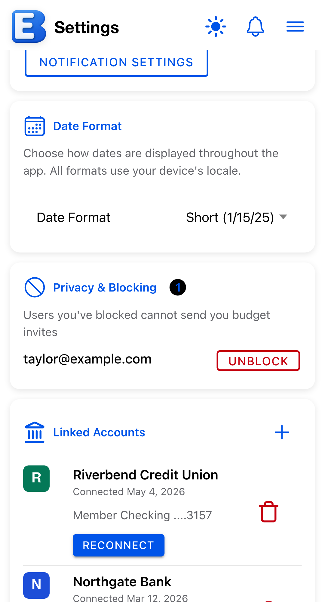 The Privacy & Blocking card on the Settings page. The description reads Users you've blocked cannot send you budget invites, and one blocked row shows taylor@example.com with an Unblock button.