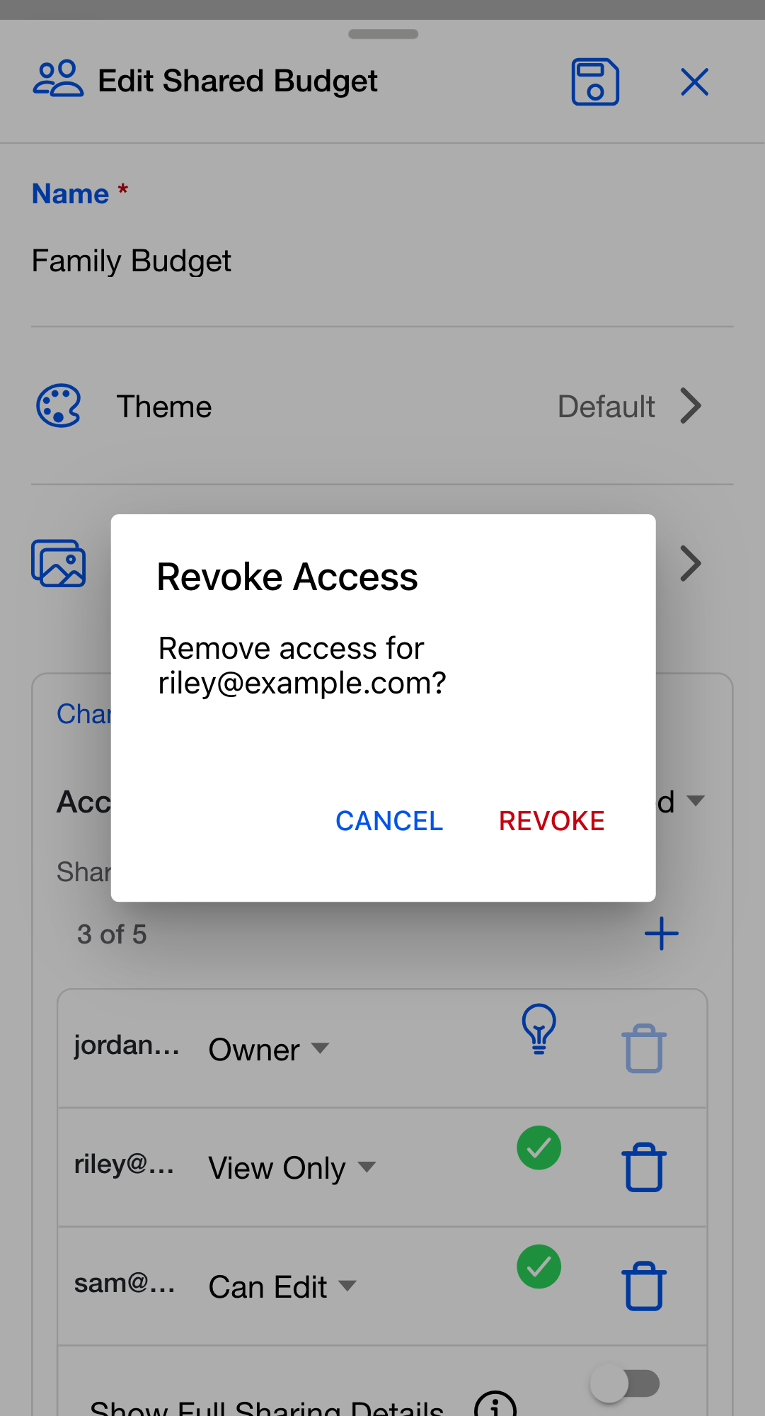 The Revoke Access confirmation for an accepted collaborator, with Cancel and Revoke buttons.