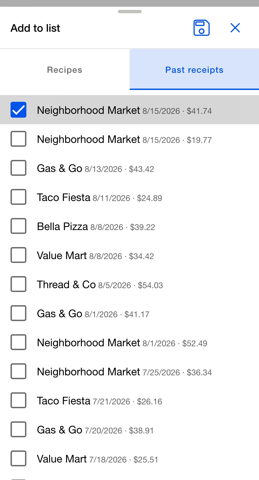 Add to list dialog on Past receipts with a scanned receipt selected.