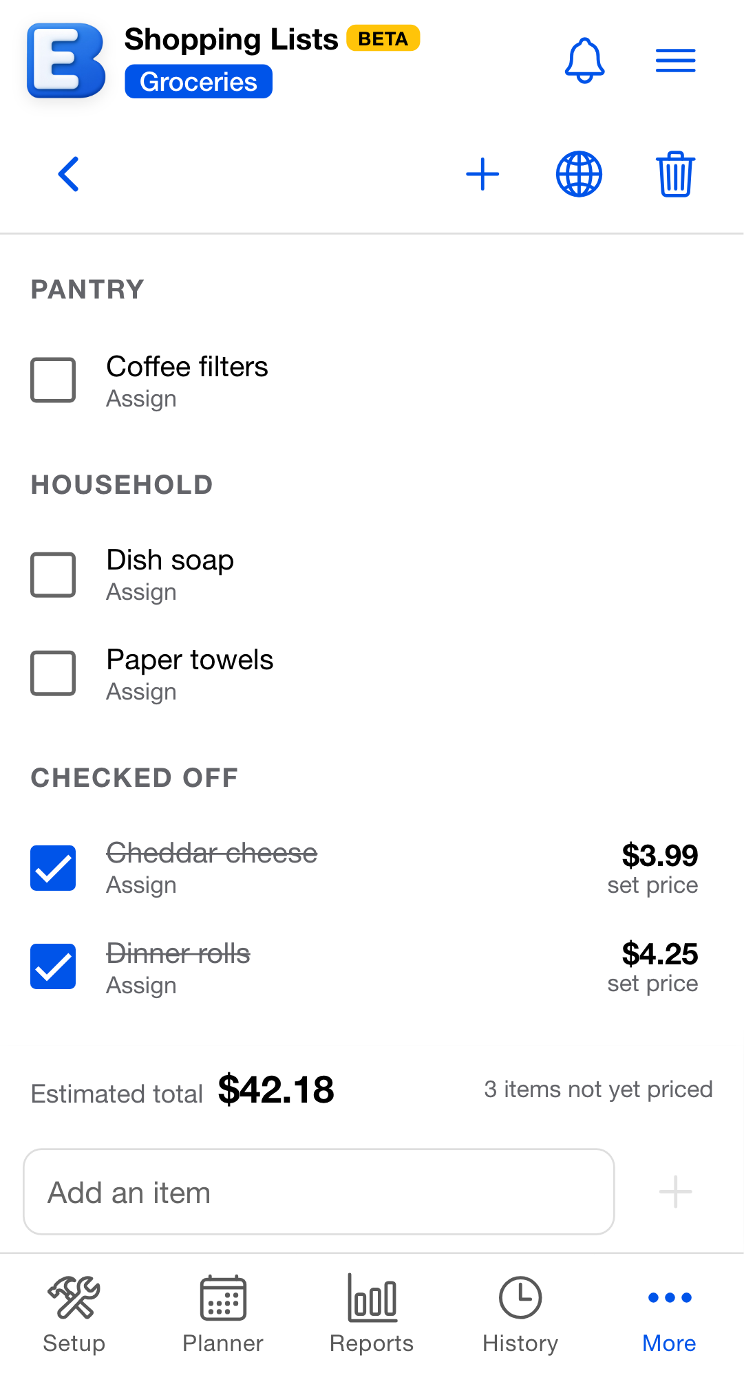 A shopping list scrolled to its end, showing Pantry and Household aisle sections and a Checked off section whose rows are struck through, over the Estimated total bar.