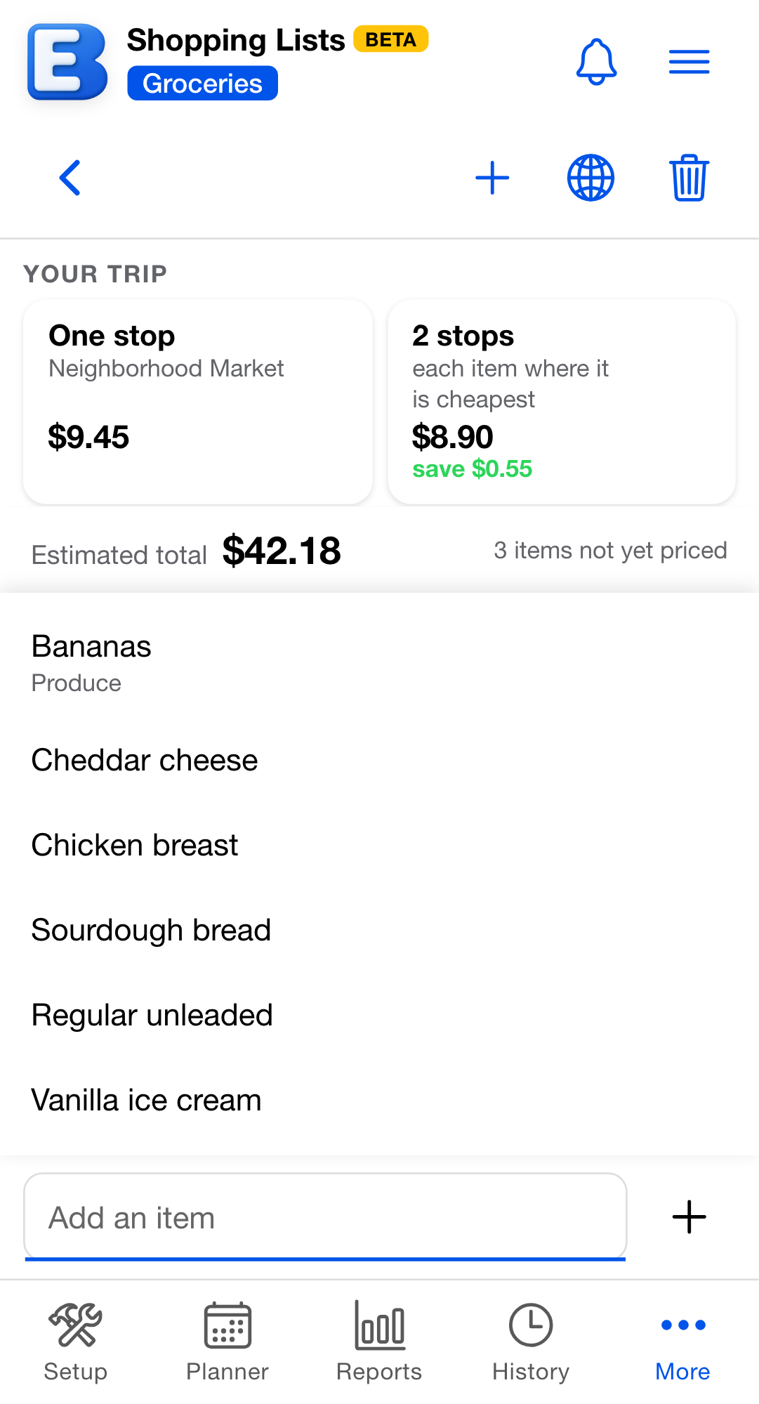 A shopping list with the Add an item bar focused and a suggestion list open above it, drawn from past receipts: Cheddar cheese, Chicken breast, Bananas, Sourdough bread, Regular unleaded, Vanilla ice cream.