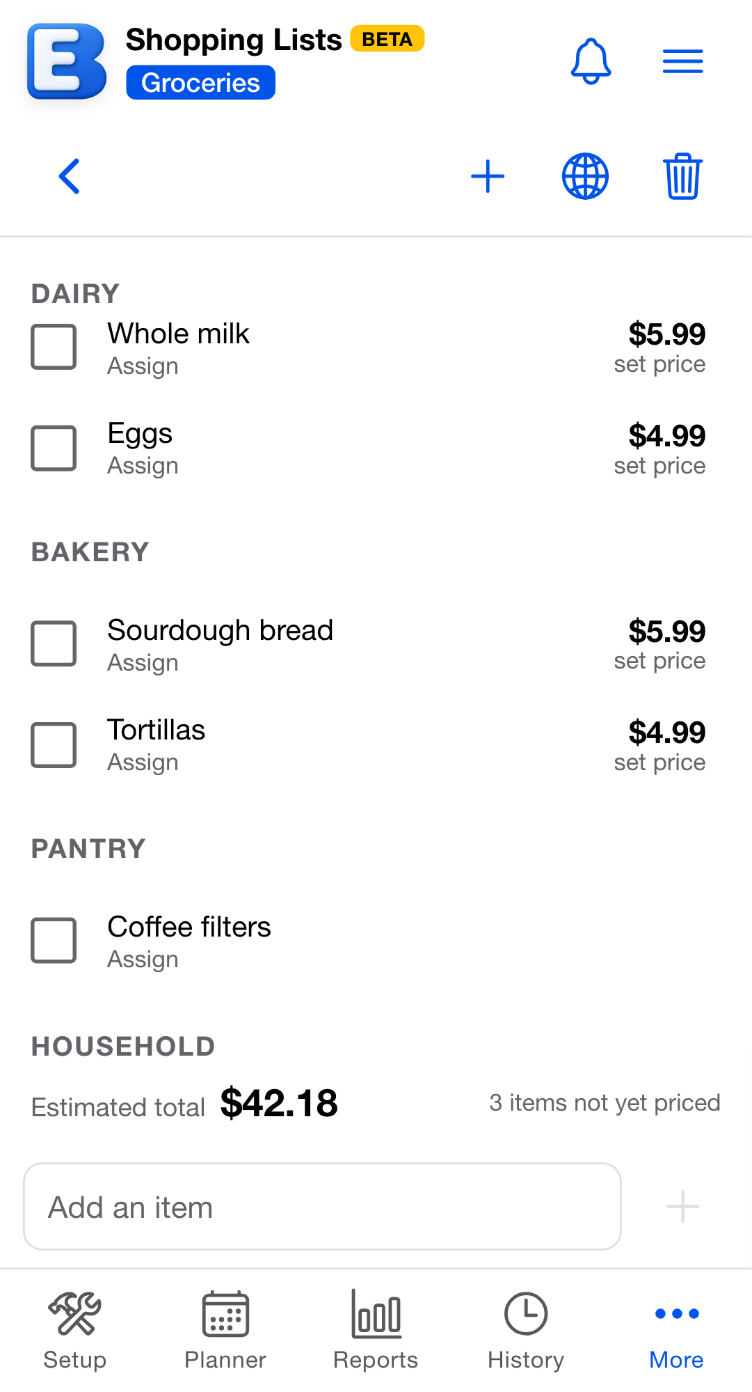A shopping list scrolled past the trip plan, showing Dairy, Bakery, and Pantry sections above the pinned bar reading "Estimated total $42.18" with "3 items not yet priced" beside it.