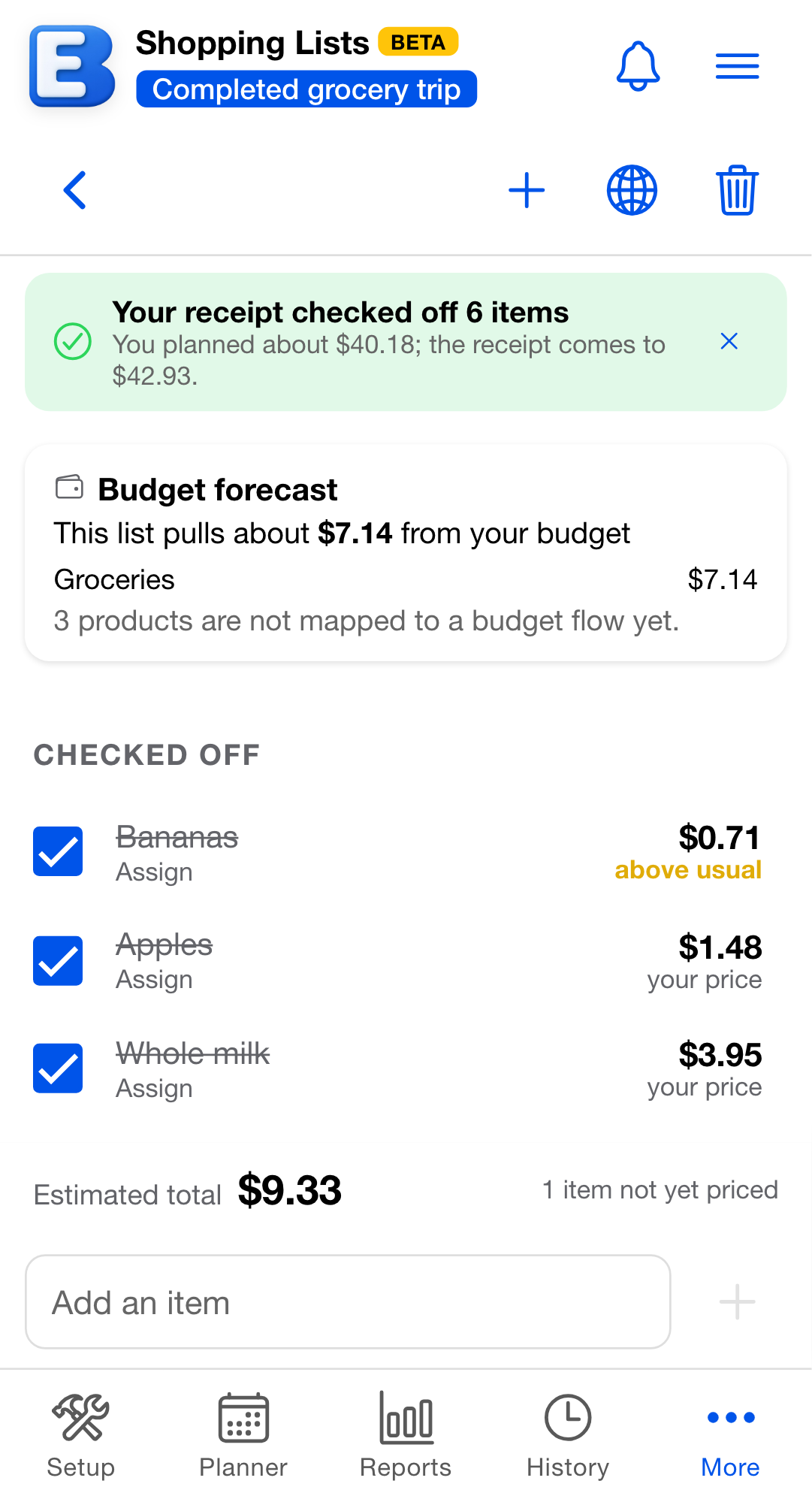A shopping list with a green banner across the top reading "Your receipt checked off 6 items" over "You planned about $40.18; the receipt comes to $42.93.", above a Checked off section whose rows are struck through.