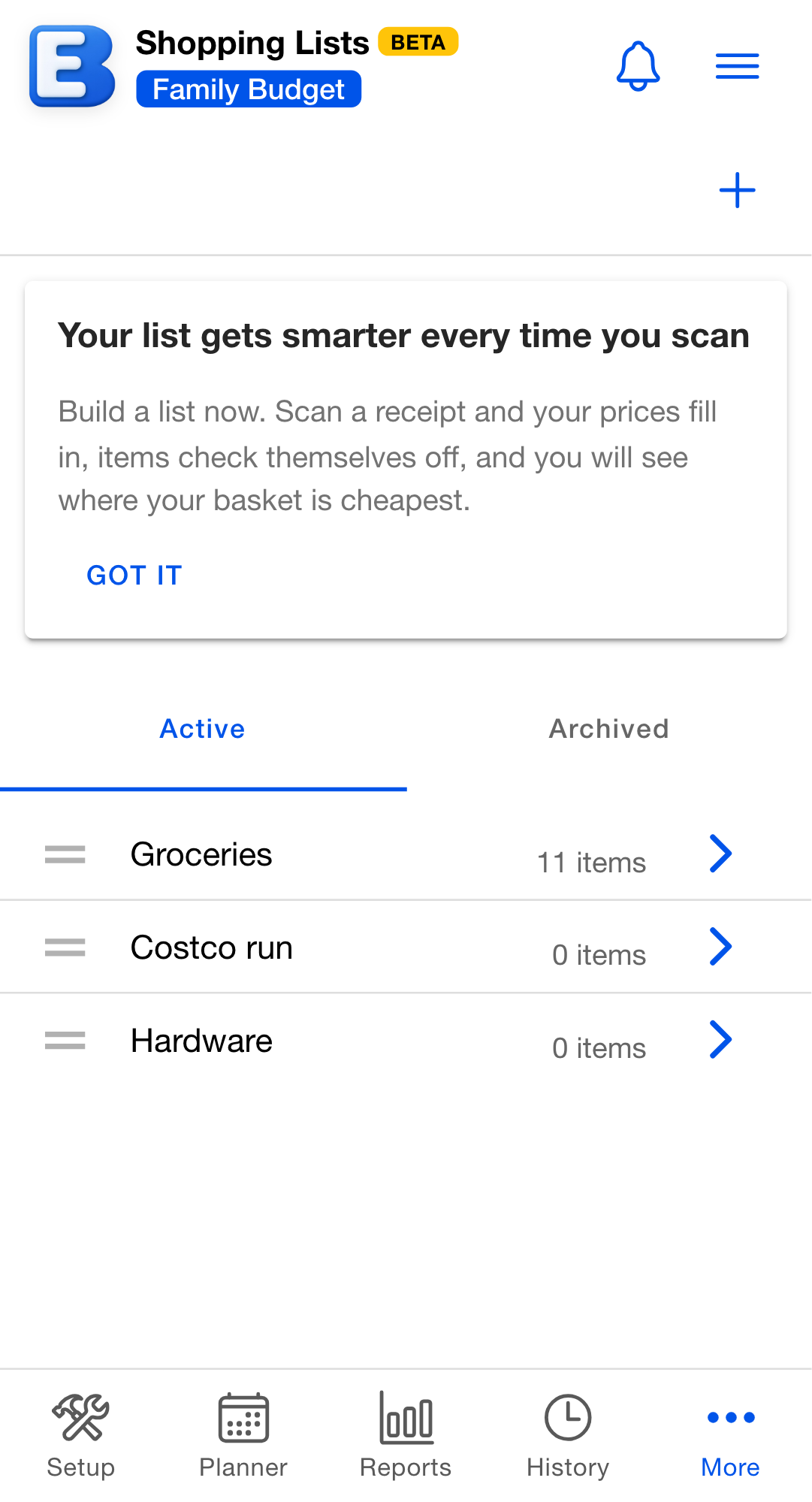 Shopping Lists screen with the first-run card "Your list gets smarter every time you scan" above an Active and Archived toggle, then Groceries, Costco run, and Hardware, each with an item count, a reorder handle at the left and a chevron at the right.