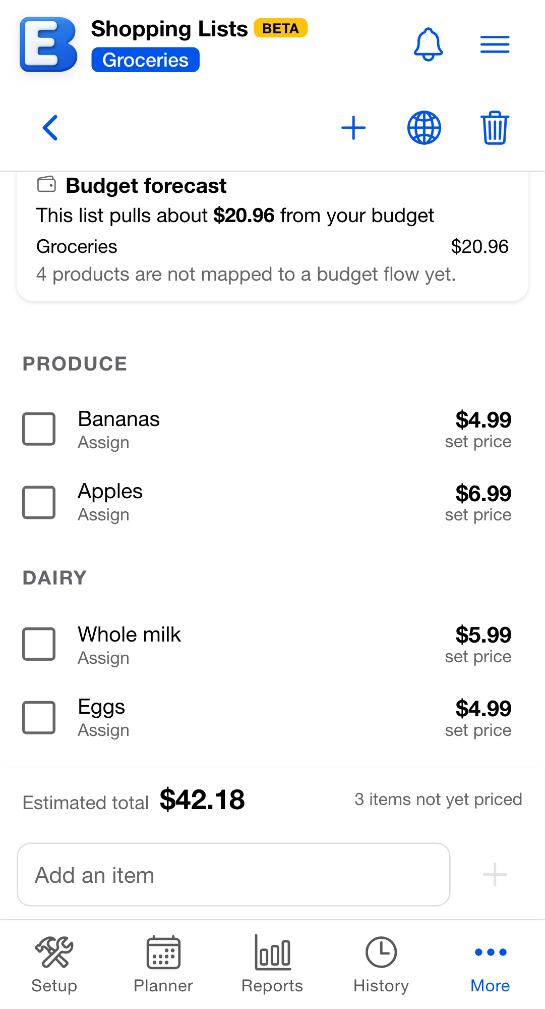 A shopping list with the Budget forecast card reading "This list pulls about $20.96 from your budget" over a Groceries row and the note "4 products are not mapped to a budget flow yet."