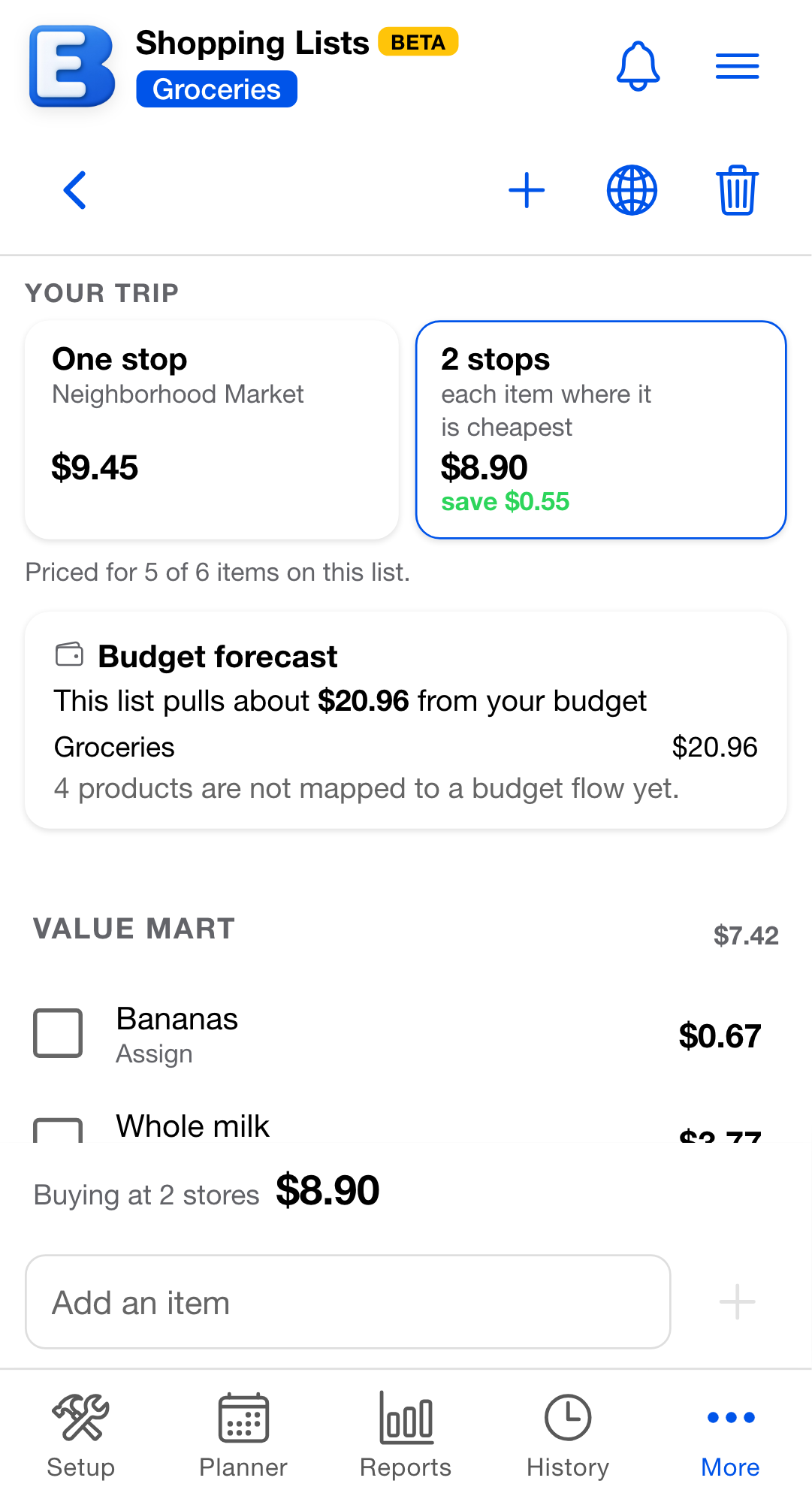 The same shopping list after choosing the two-stop trip: the 2 stops card is outlined, and the rows regroup under a Value Mart heading carrying a $7.42 subtotal, with the bar below reading "Buying at 2 stores $8.90".