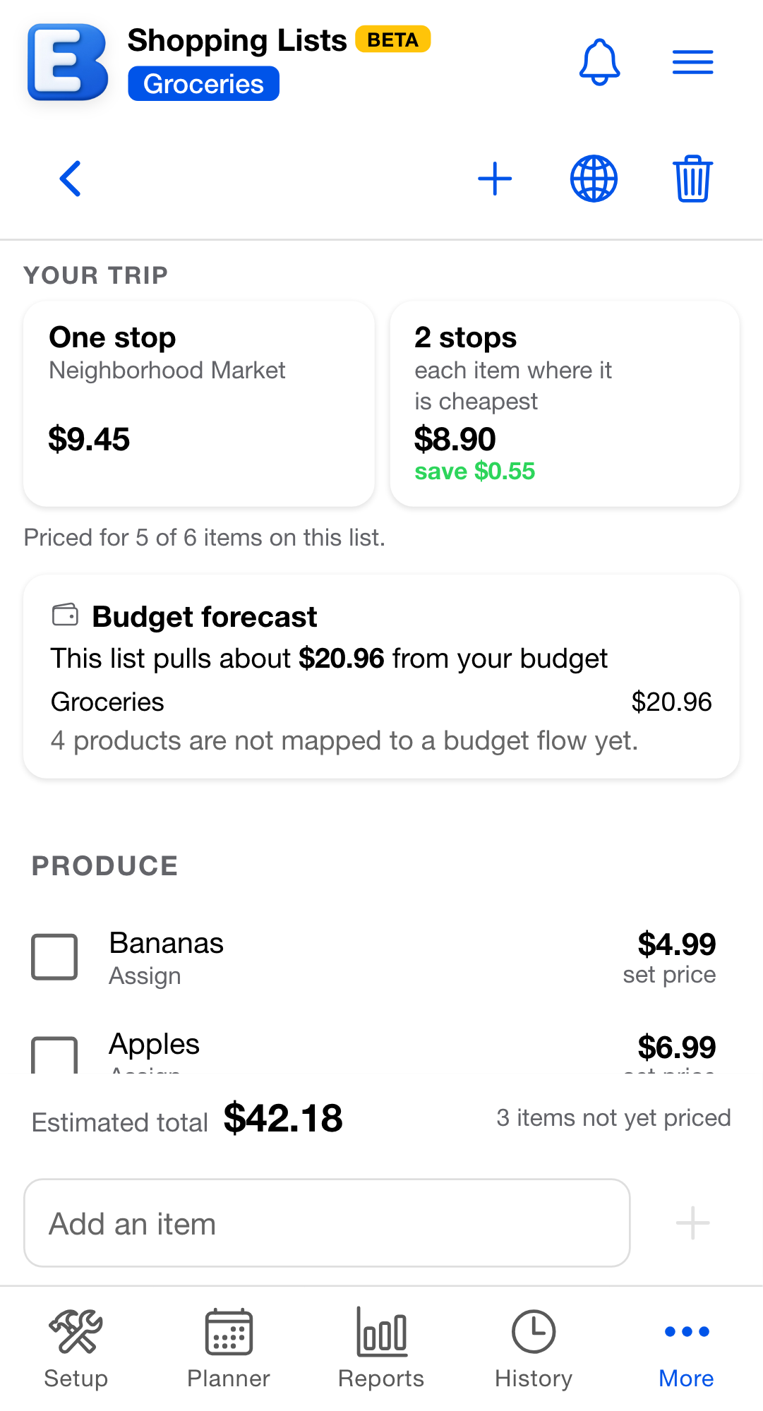 A shopping list headed by the Your trip bar: a One stop card at Neighborhood Market for $9.44 beside a 2 stops card at $8.90 that saves $0.54, over the line "Priced for 5 of 6 items on this list." and the Produce aisle below.