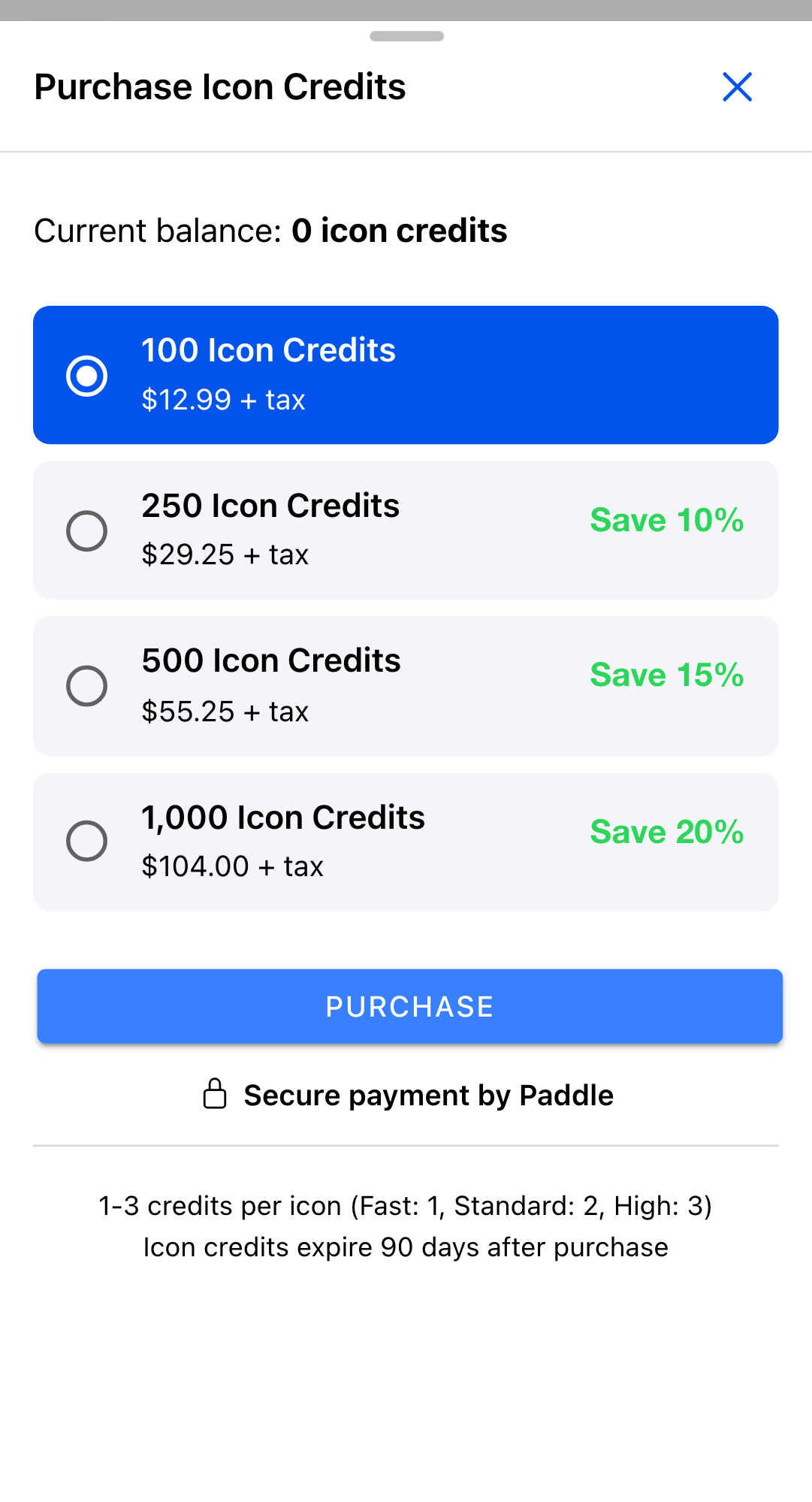 The Purchase Icon Credits dialog listing the 100, 250, 500, and 1,000-credit packs with their prices and Save badges, above the Purchase button and the Secure payment by Paddle line.