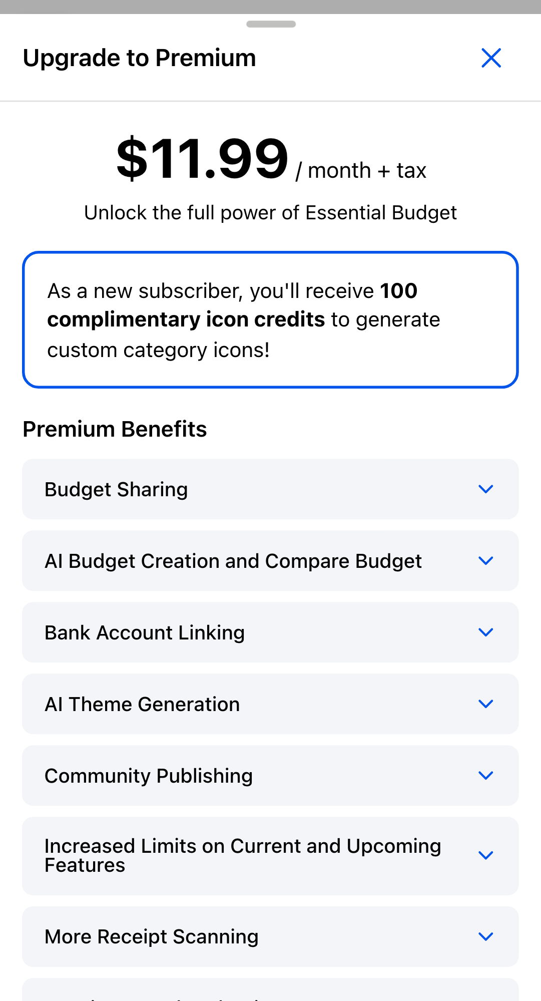 The Upgrade to Premium dialog. The price reads $11.99 / month + tax above the new-subscriber banner promising 100 complimentary icon credits, with the Premium Benefits rows below.