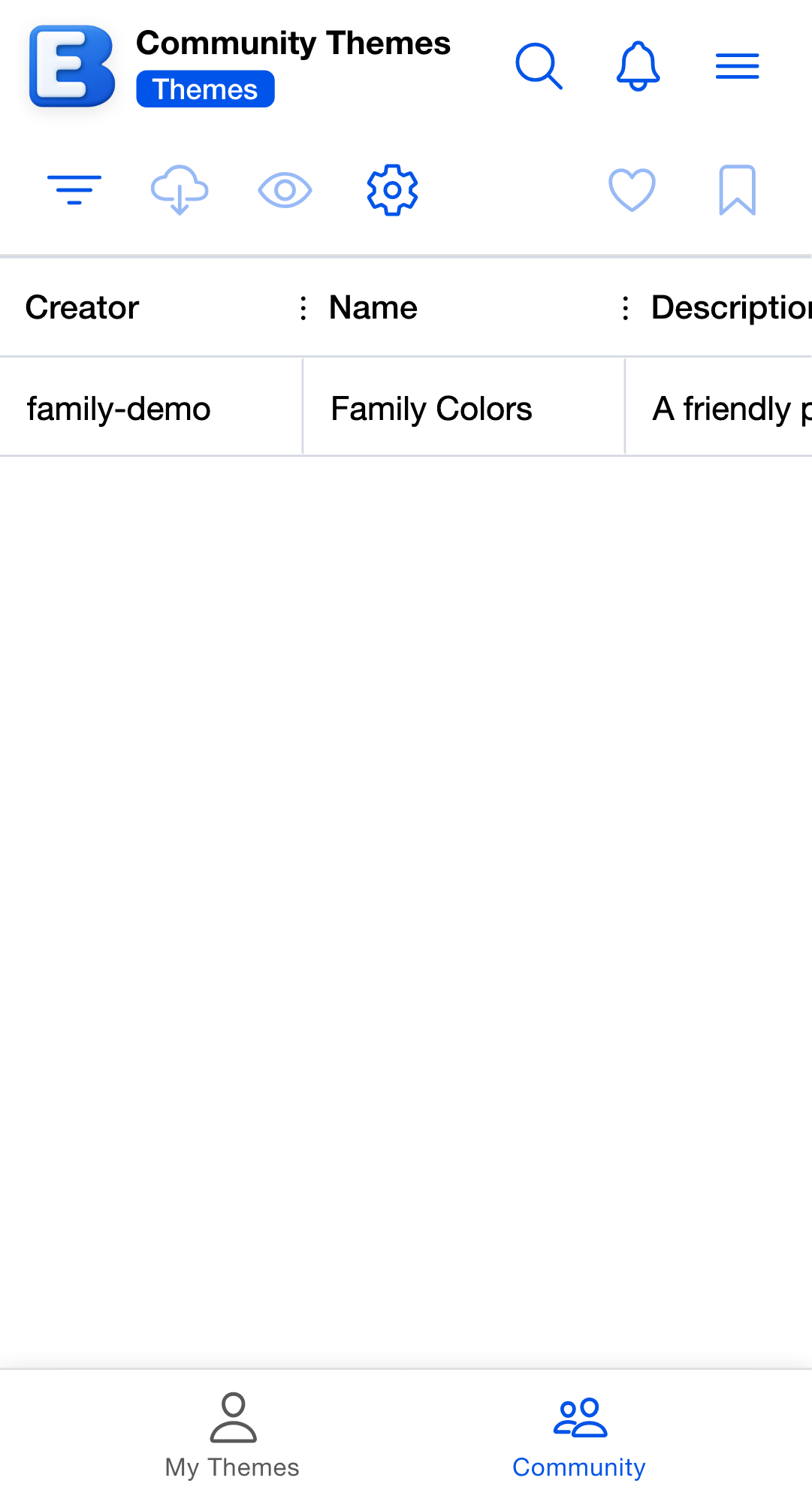 The Community tab of the Themes page, where the Like, Add Bookmark, and Download Theme toolbar actions live.
