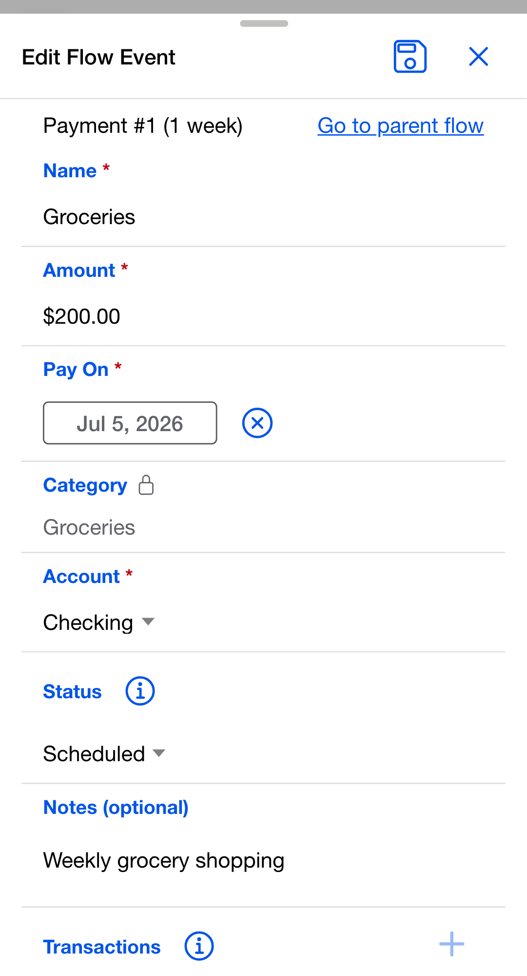 Edit Flow Event dialog with the inline transaction form open. The Date and Amount fields are side-by-side at the top, the Description field below them, and the Save and Cancel icon buttons in the top-right corner of the form box.