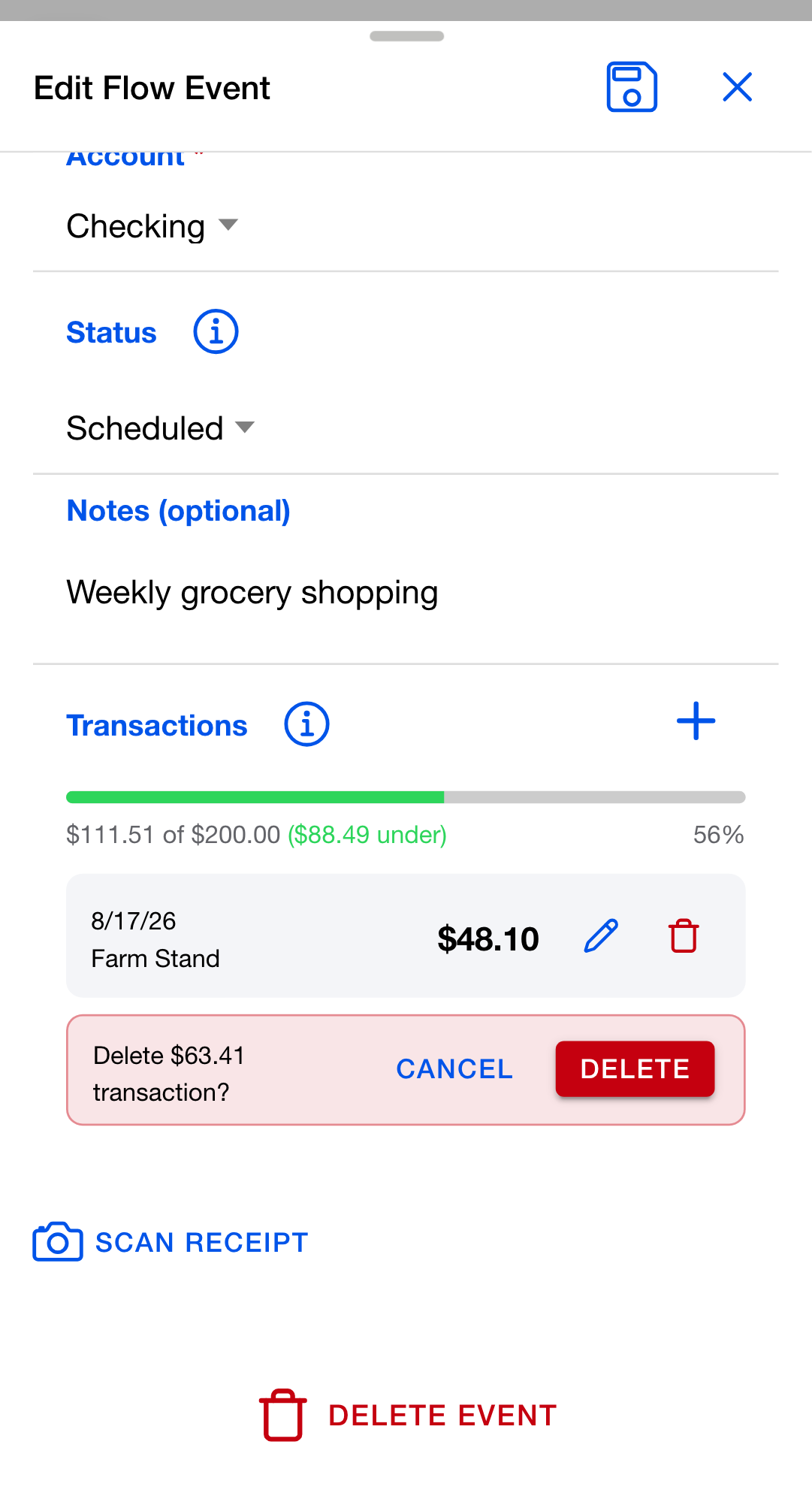 A transaction row mid-delete-confirmation. The row content is replaced by a danger-tinted strip reading "Delete $63.41 transaction?" with two buttons on the right: a Cancel ghost button and a solid red Delete button.