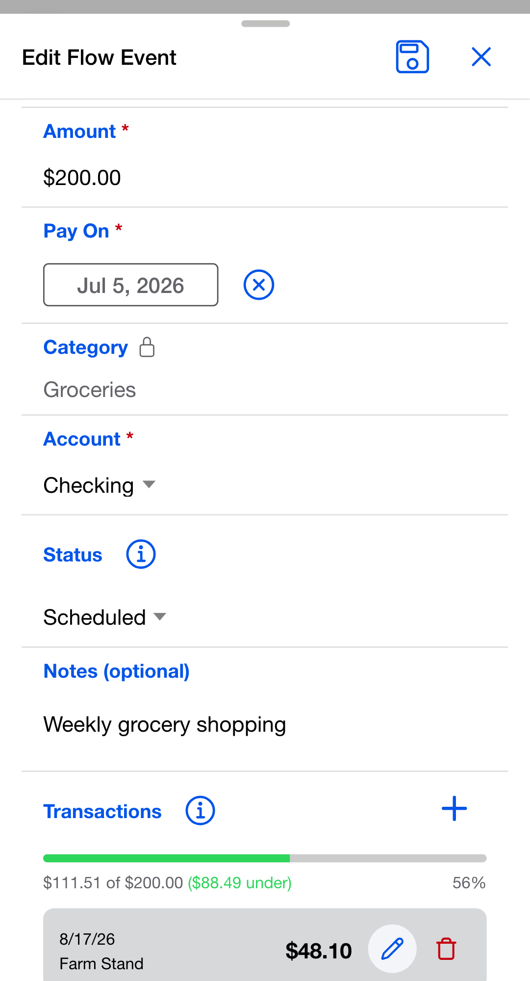 Edit Flow Event dialog for a Groceries event, scrolled to the Transactions section, with Account, Status and Notes above it. The section shows a progress bar...