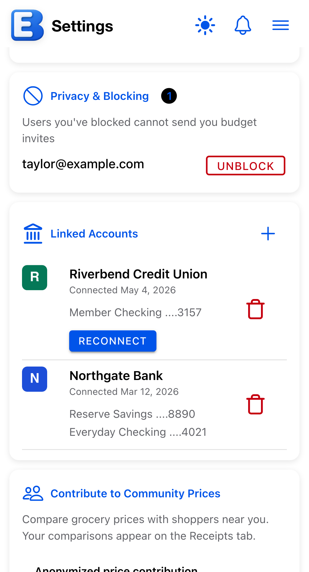 The Linked Accounts card with one bank showing a Reconnect button beneath its account line, and a second, healthy bank below it.